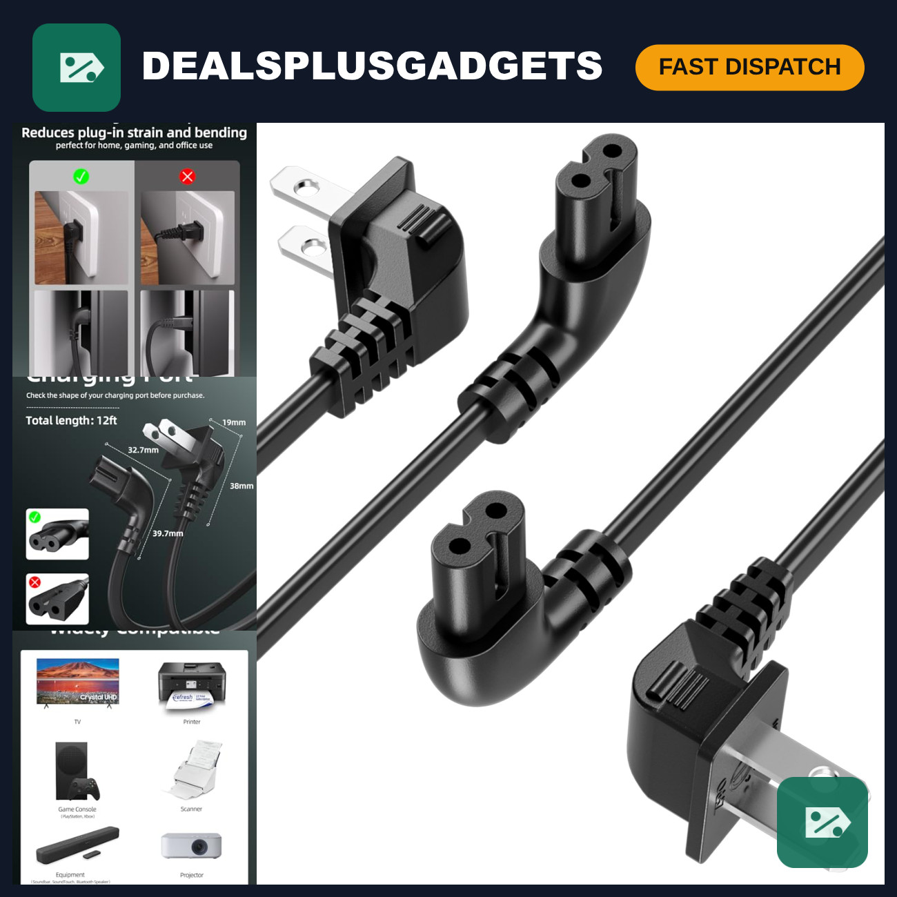 2-Pack 12FT 90 Degree L-Shaped AC Power Cord, 2-Prong Replacement for TV & Elect