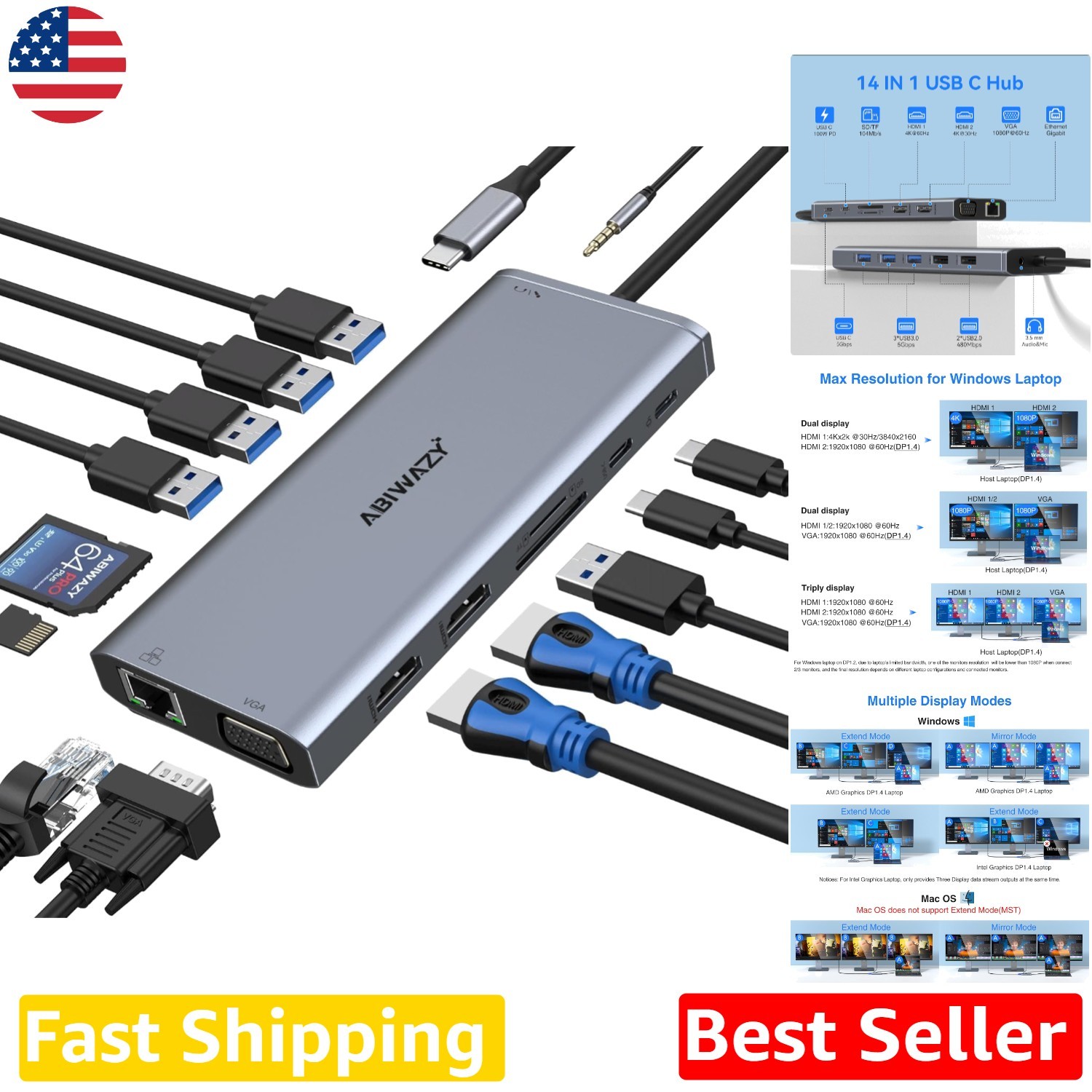 High-Performance USB C Hub | 14 Ports | 4K HDMI | 100W Power Delivery | Laptop