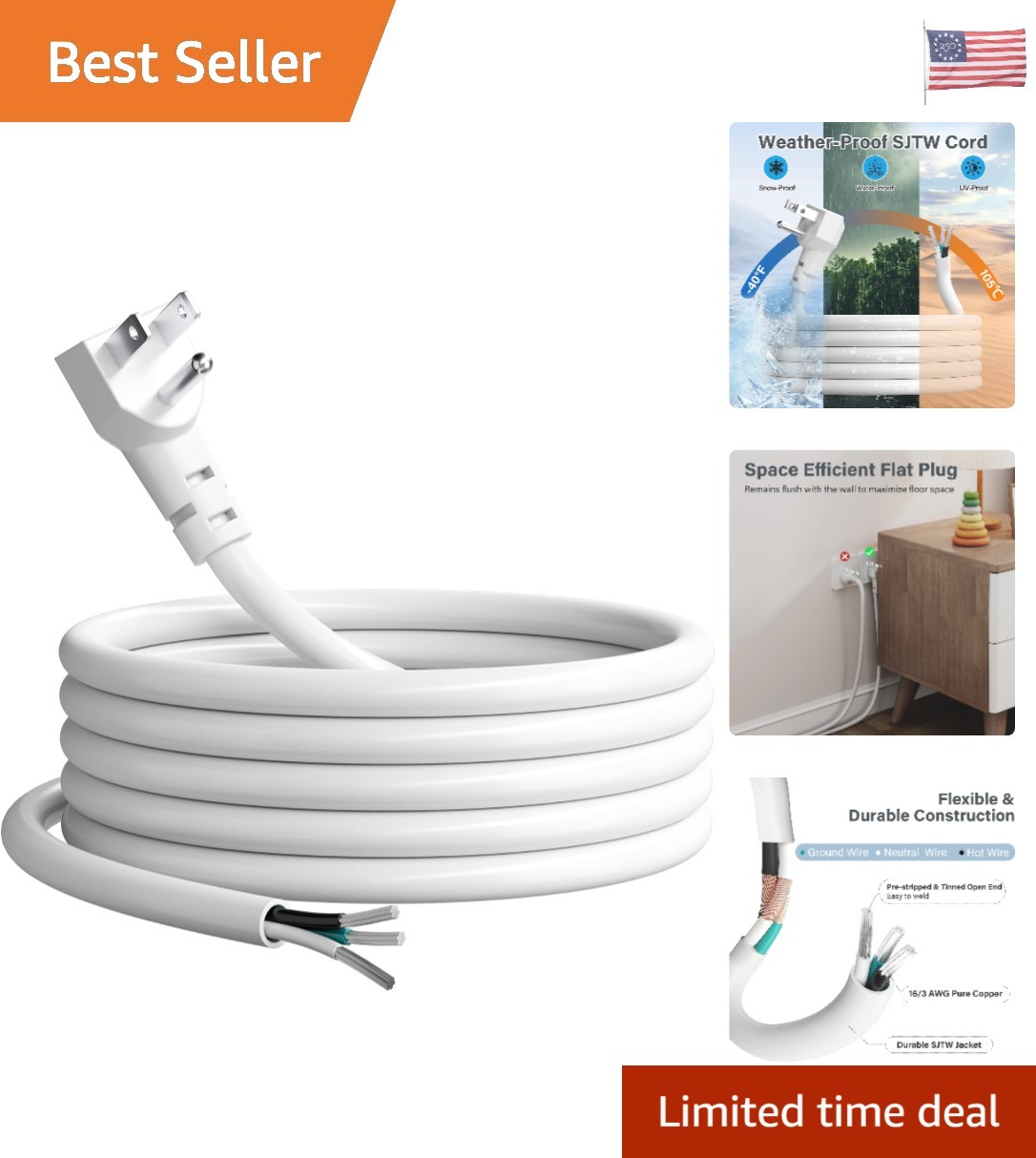 Versatile 6FT Stripped Wire Power Cord - Weatherproof and Flame-Retardant