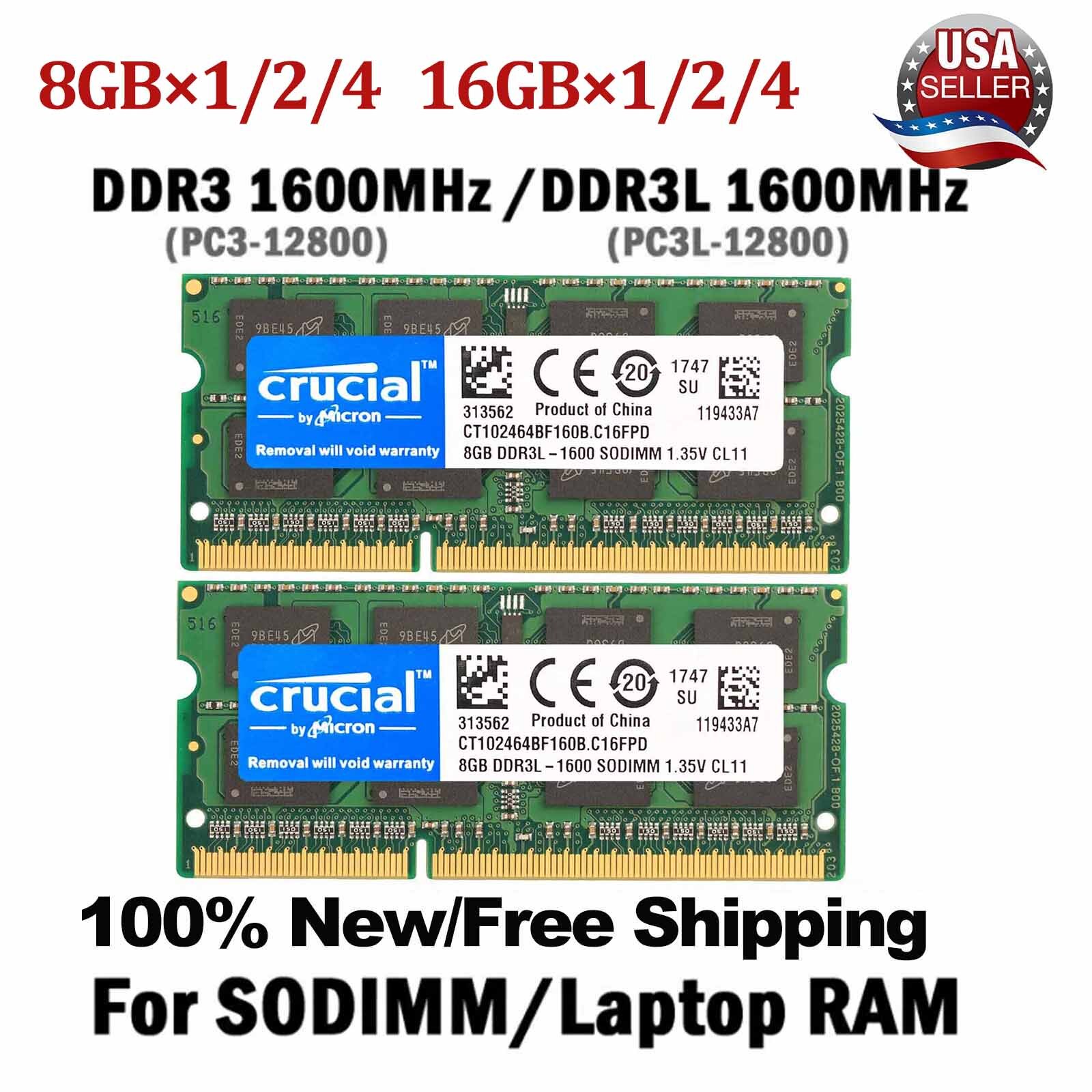 Crucial DDR3/DDR3L 16GB 1600MHz 32GB PC3/PC3L-12800 Laptop SODIMM Memory RAM Lot