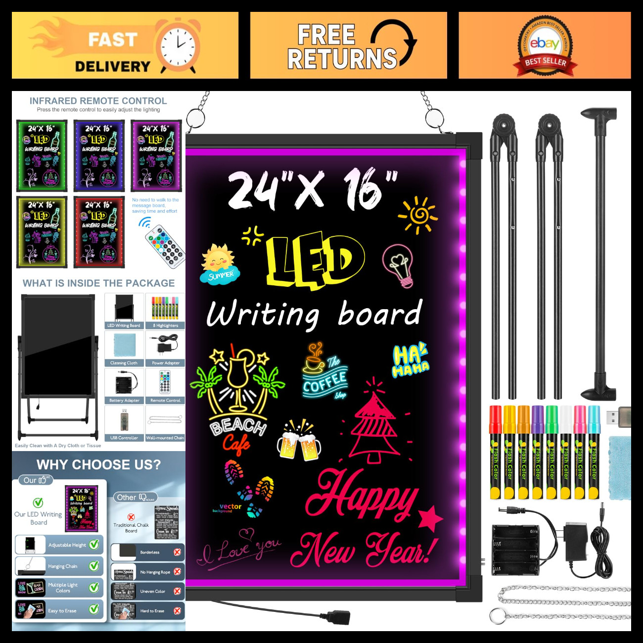 Illuminated LED Menu Board 24"x16" with Remote, Neon Effect Sign, 8 Markers & Er