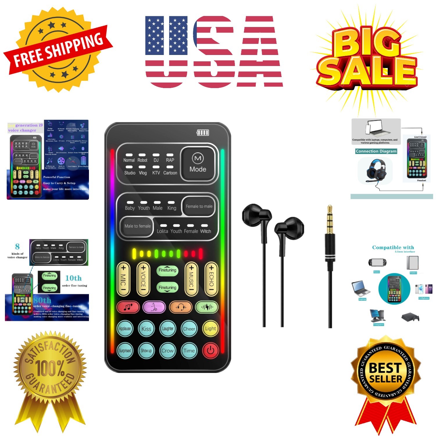 Portable Voice Changer, 2rd Generation i9 Live Sound Card, Cool Lights Sound ...
