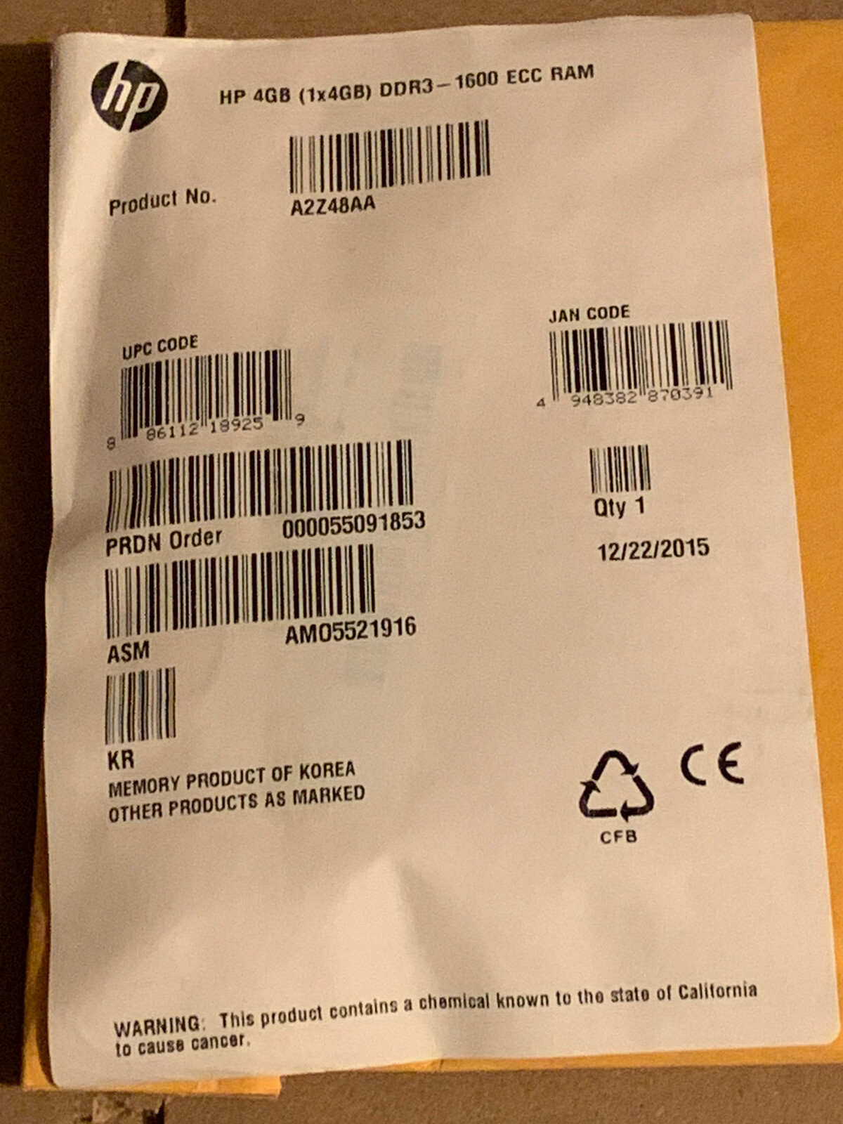 HP A2Z48AA 4GB (1x4GB) DDR3-1600 MHz ECC RAM