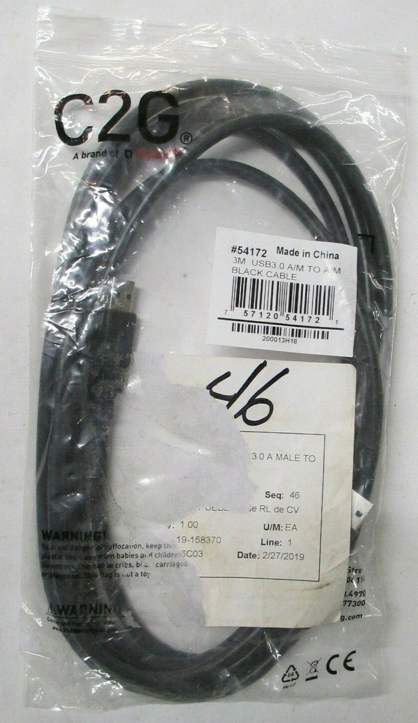 C2G 3M 54172 USB 3.0 A/M to A/M Black Cable