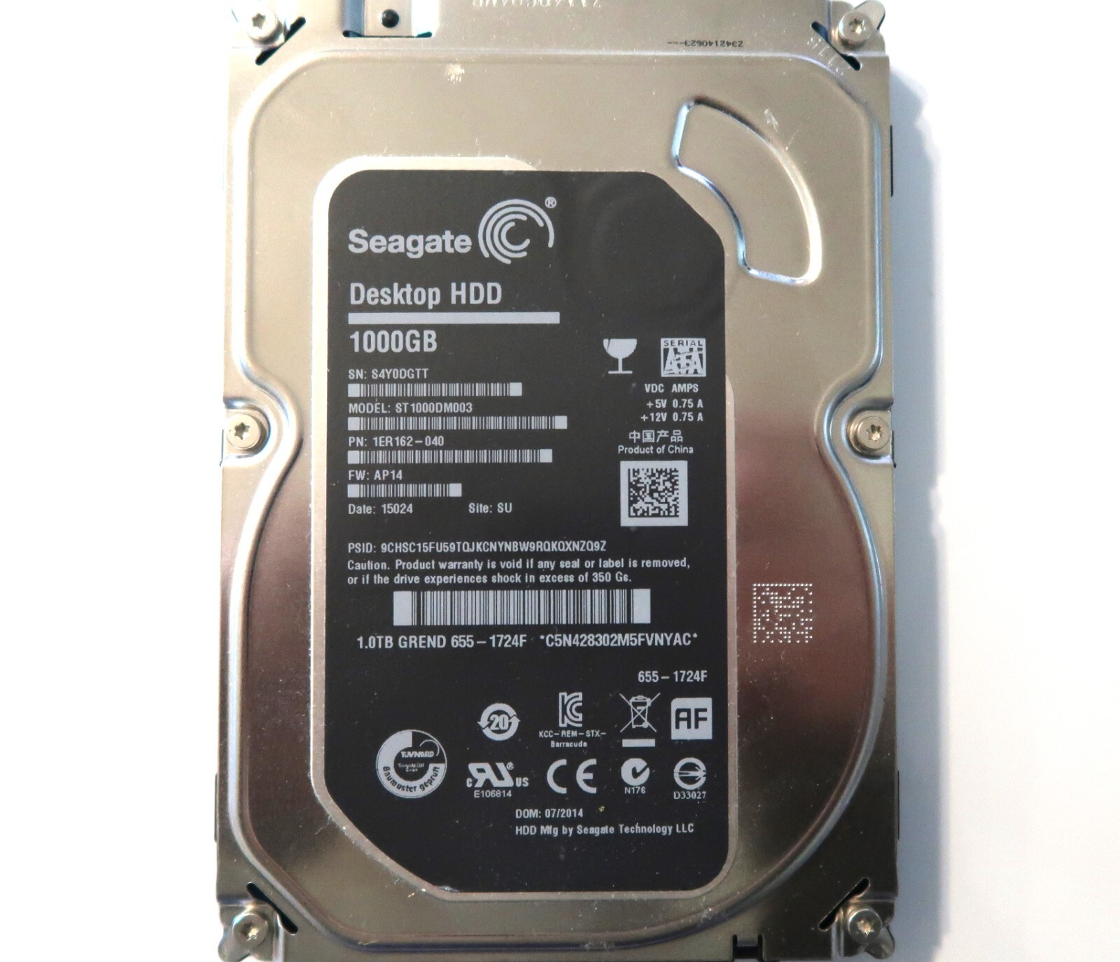 Seagate ST1000DM003 1ER162-040 AP14 (S4Y) SU 655-1724F 1.0TB 3.5" Sata 2014