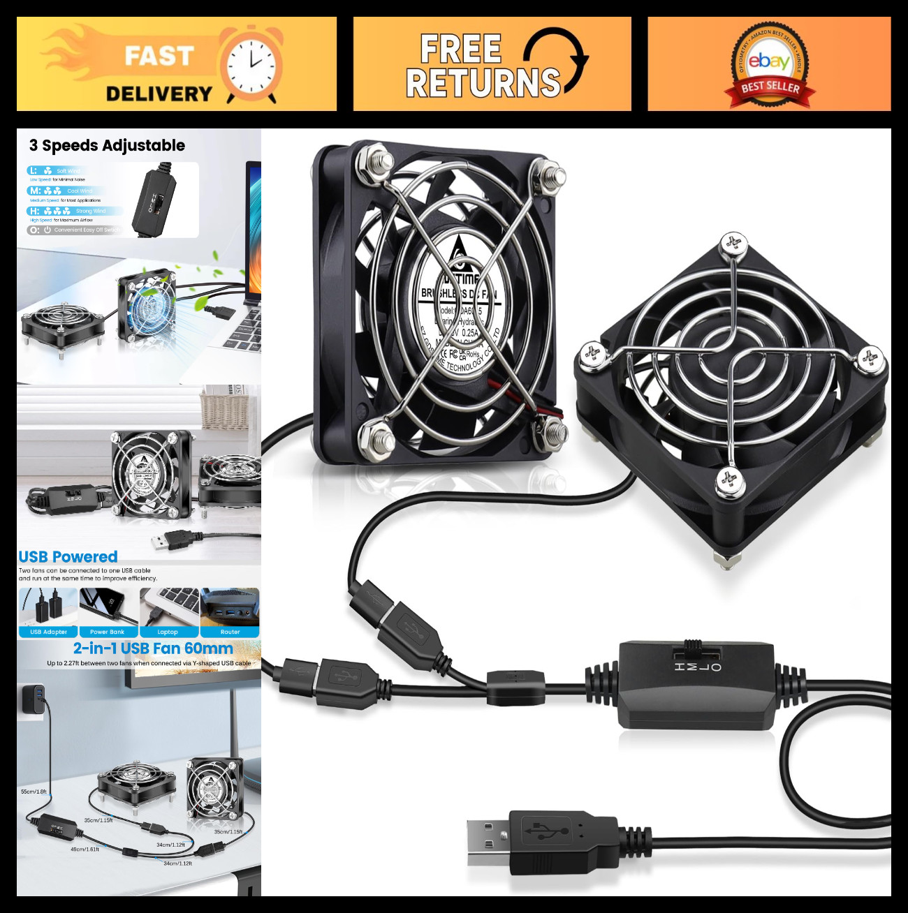 2-Pack 60mm USB Cooling Fans, 3-Speed Control, Brushless DC for PC & Raspberry P