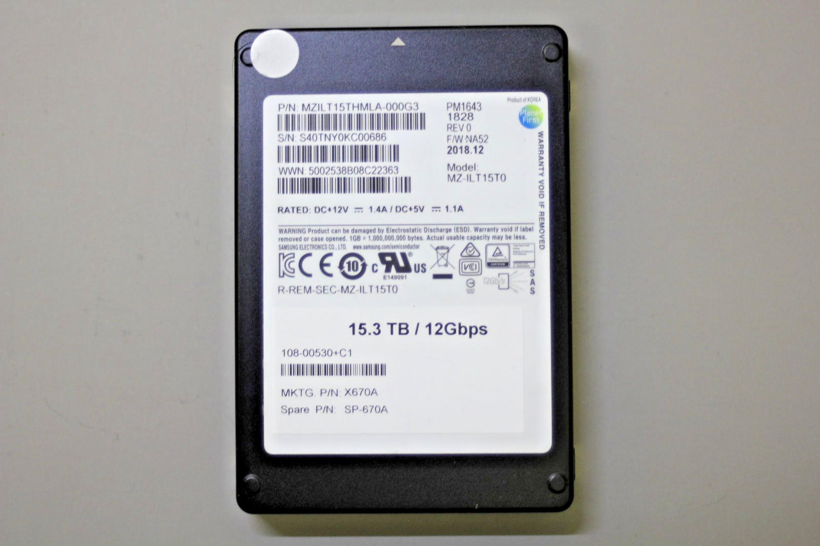 X670A Samsung PM1643 15.36TB 2.5" SAS 12Gbps SSD MZ-ILT15T0 SP-670A 100% Health