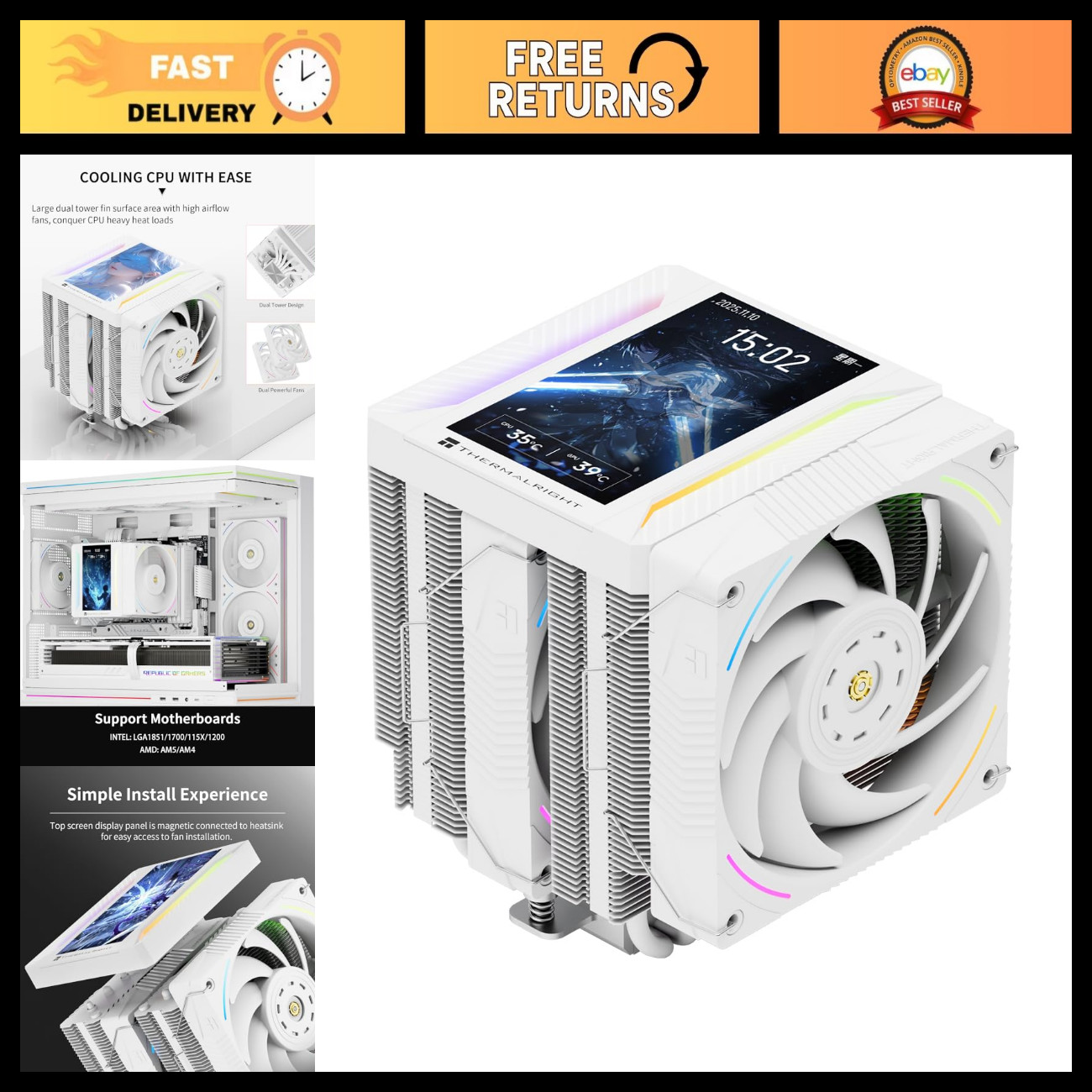 High-Performance CPU Cooler with LCD Screen, ARGB, LGA1700/AM5, PC Cooling
