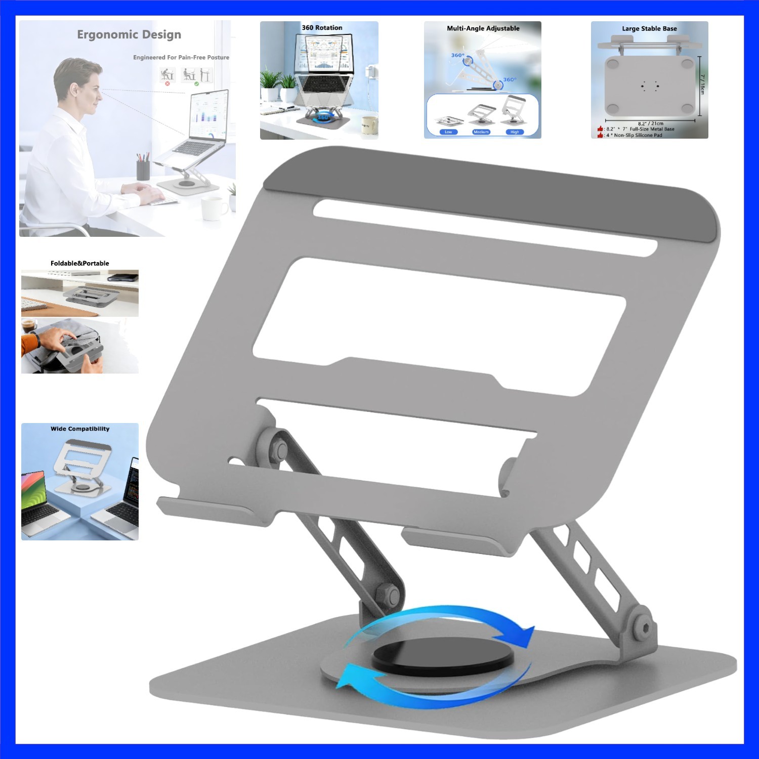 360° Rotation Laptop Stand for Desk Multi-Angle Adjustable, Silvery