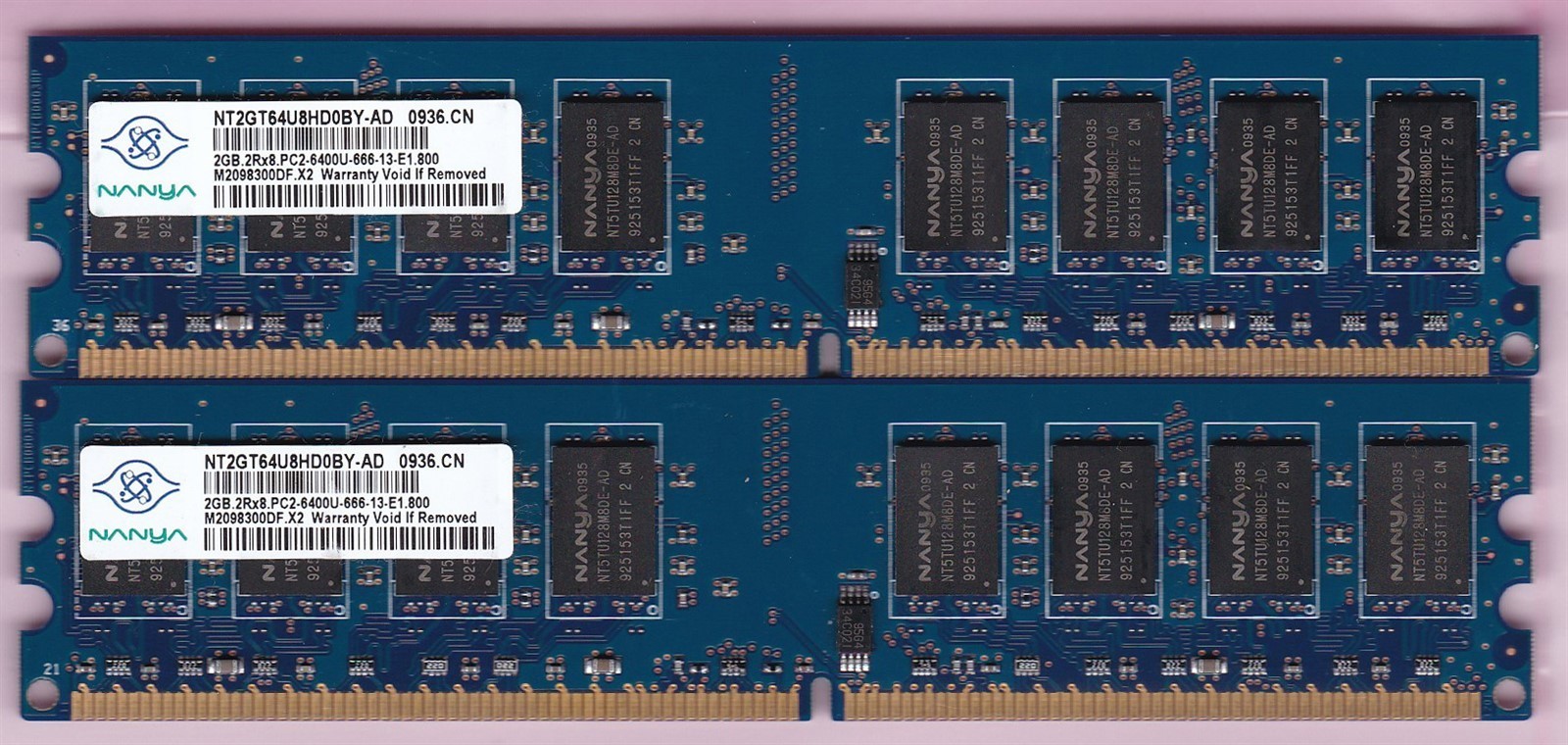 4GB Kit 2x2GB PC2-6400 DDR2 800 Nanya China NT2GT64U8HD0BY-AD Desktop Memory CN