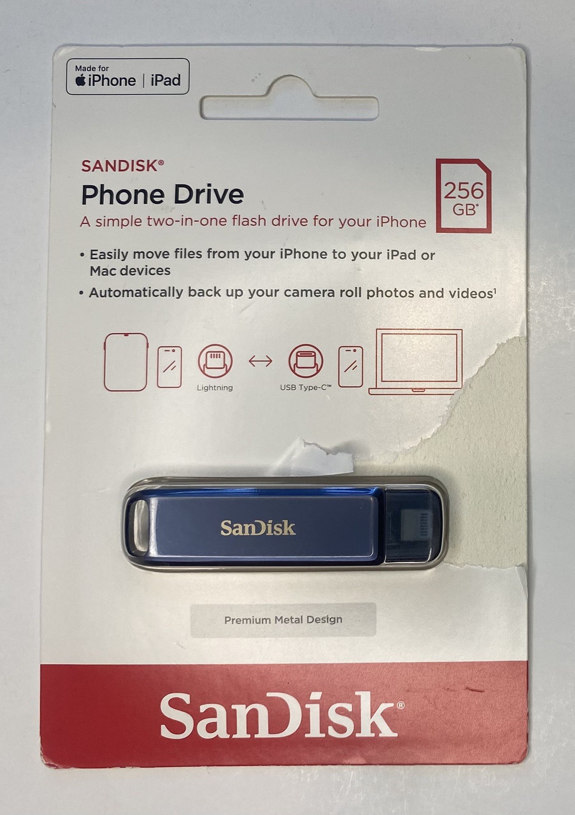 NEW SANDISK Phone Drive 256GB Made For iPhone | iPad (Color Blue) (Unopened) 