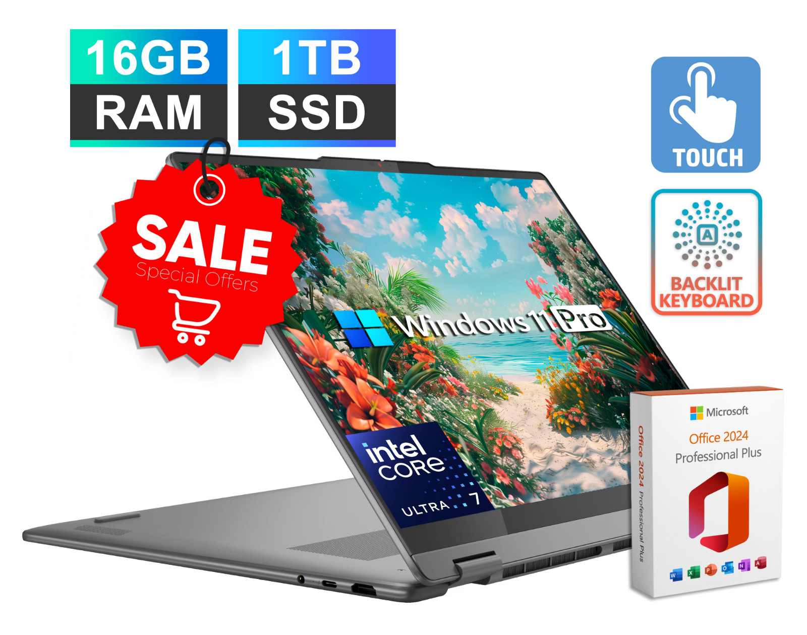 Lenovo Yoga 7i 2-in-1 16" Touch Laptop Intel Ultra 7, 16GB RAM & 1TB SSD Backlit
