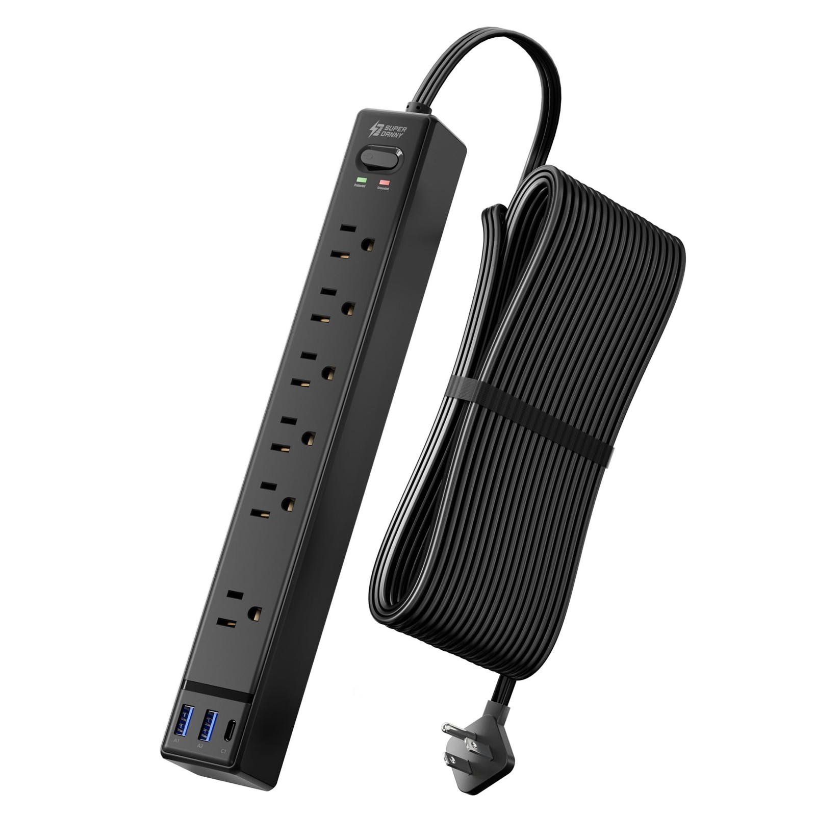 20Ft Long Extension Cord, SUPERDANNY Flat Plug Surge Protector Power Strip