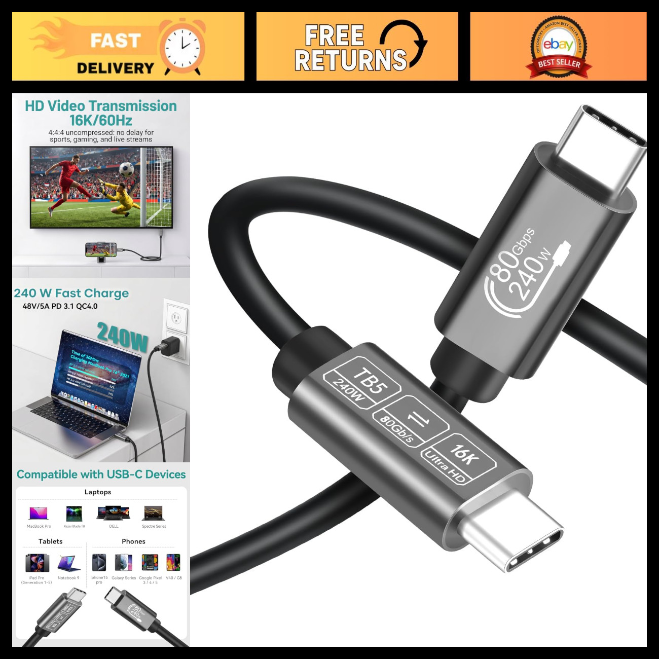 80 Gbps USB-C Thunderbolt 5 Cable, 16K@60Hz Video, 5ft High-Speed Connector