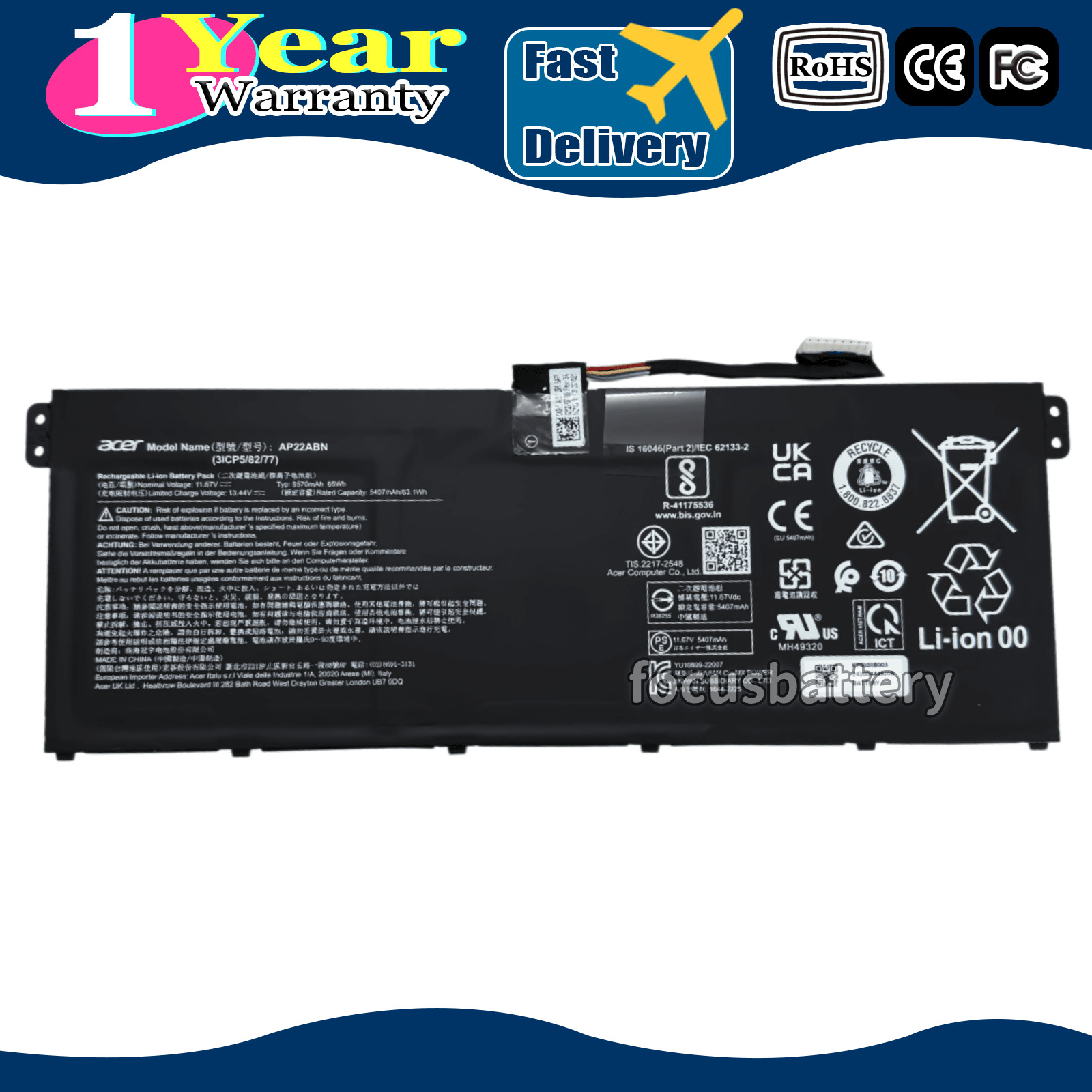 Genuine 65Wh AP22ABN Battery For Acer Swift Go 14 SFG14-71 16 SFG16-71 AV16-51P