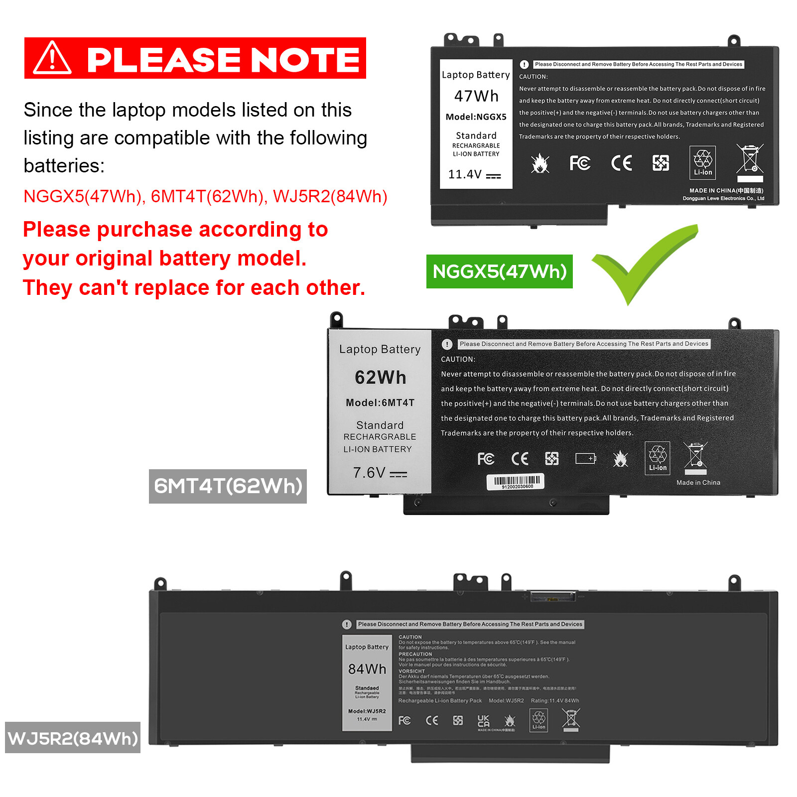 Lot NGGX5 Battery 11.4V 47Wh for Dell Latitude E5270 E5470 E5570 Precision M3510