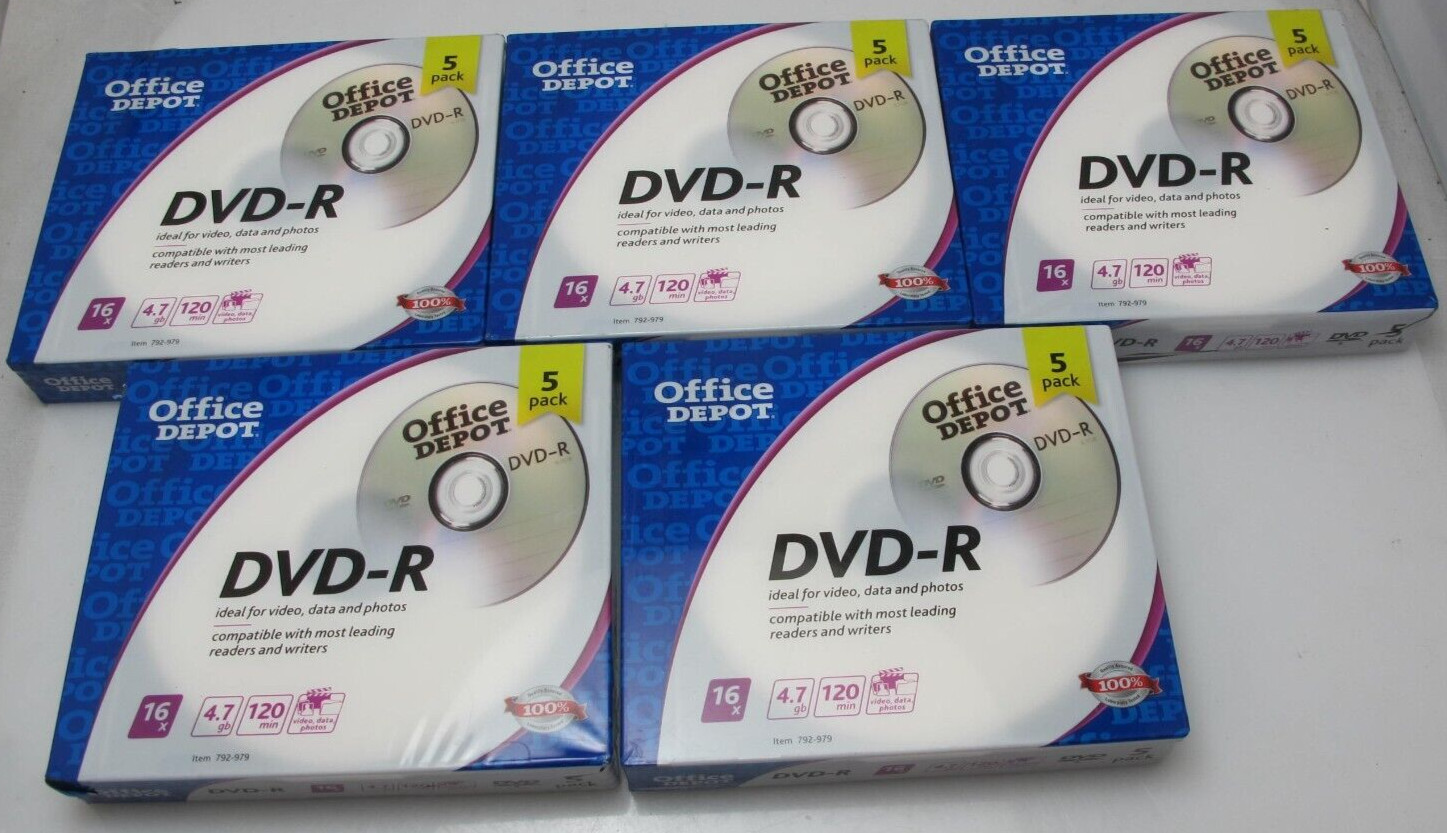 Lot of 5 Office Depot DVD-R Writable Blank Disc 5 Packs 16X 4.7gb 120 with Cases