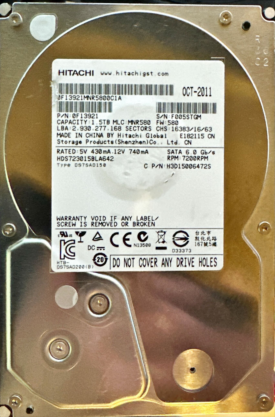 Hitachi HDS723015BLA642 PN 0F14389 MLC MNR5Q0 FR 5Q0 1.5TB  SATA 3.5" HD