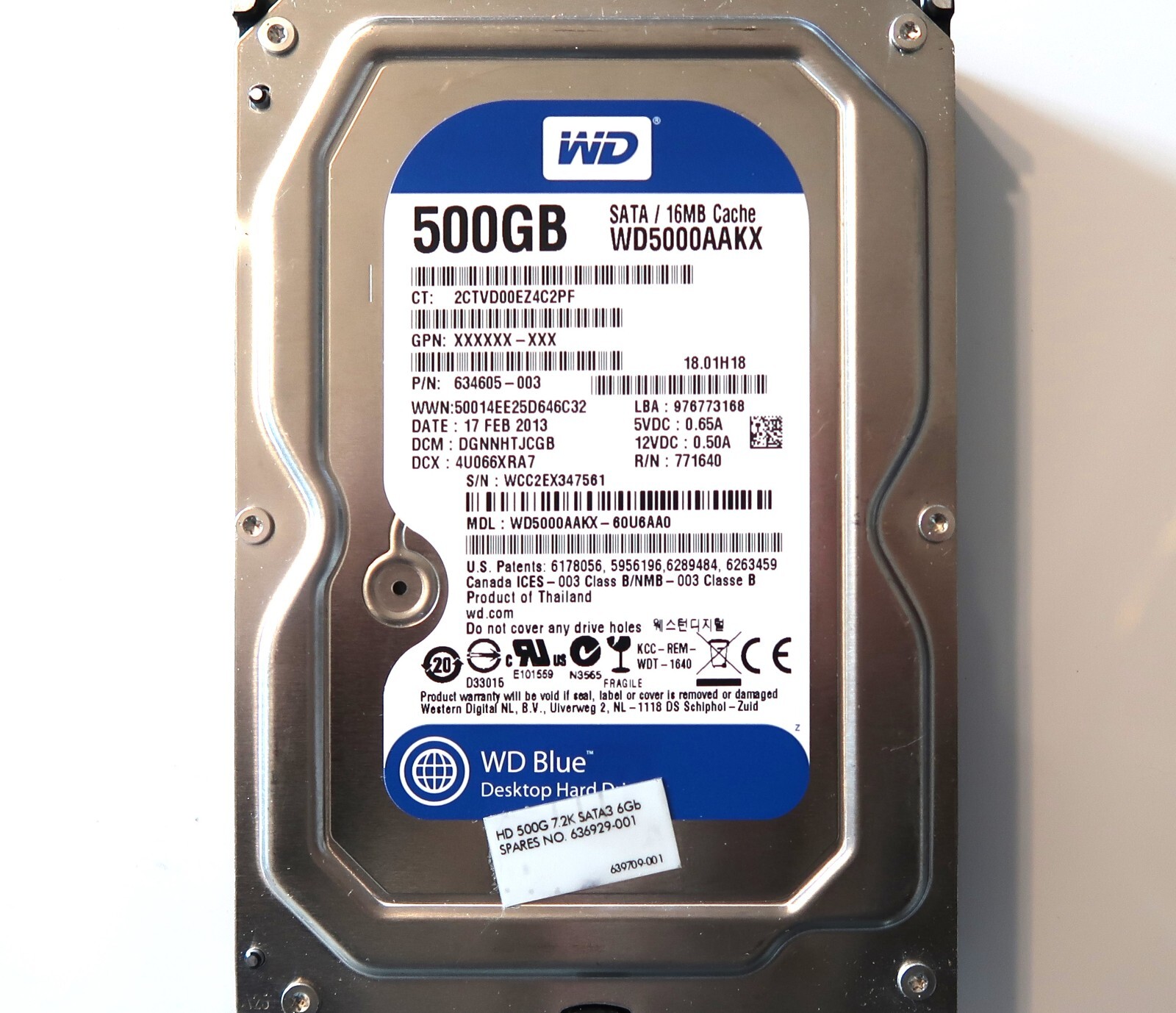 WD WD5000AAKX-60U6AA0 DGNNHTJCGB (WCC2) Thailand 500gb 3.5" Sata HDD 17FEB2013