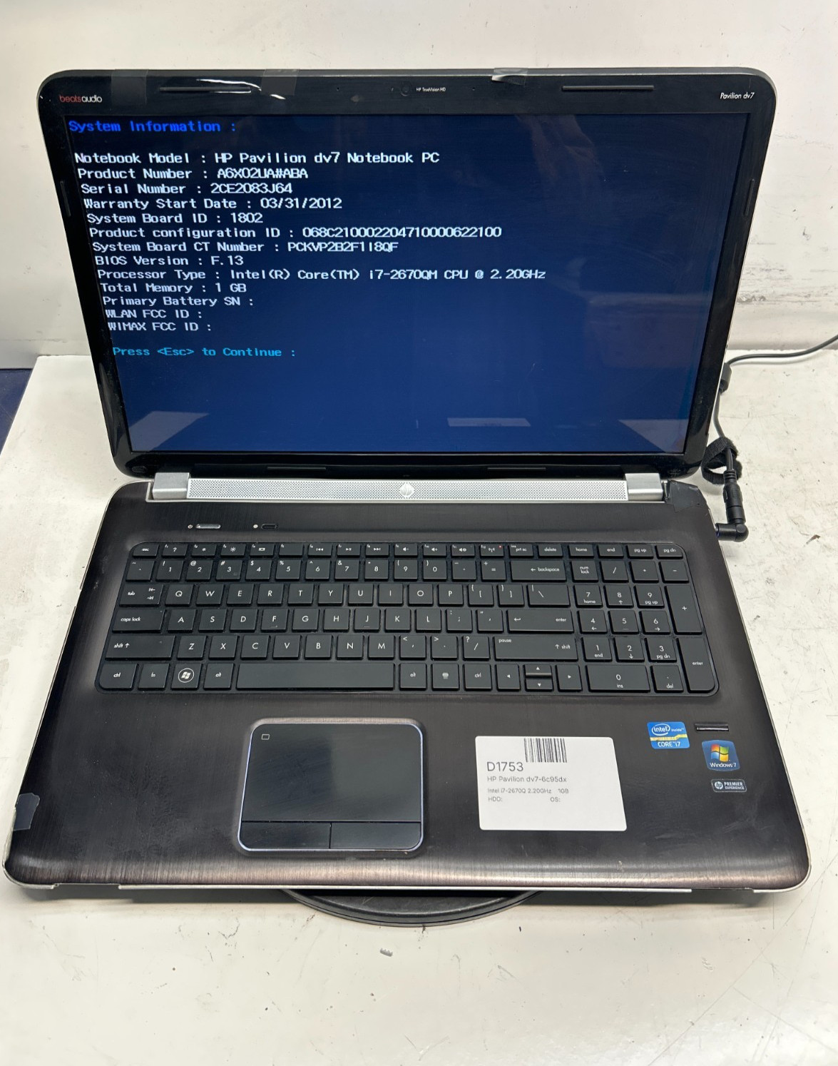 HP Pavilion DV7-6C95DX Intel i7-2670Q 2.20GHz 1GB NO HDD NO BAT READ