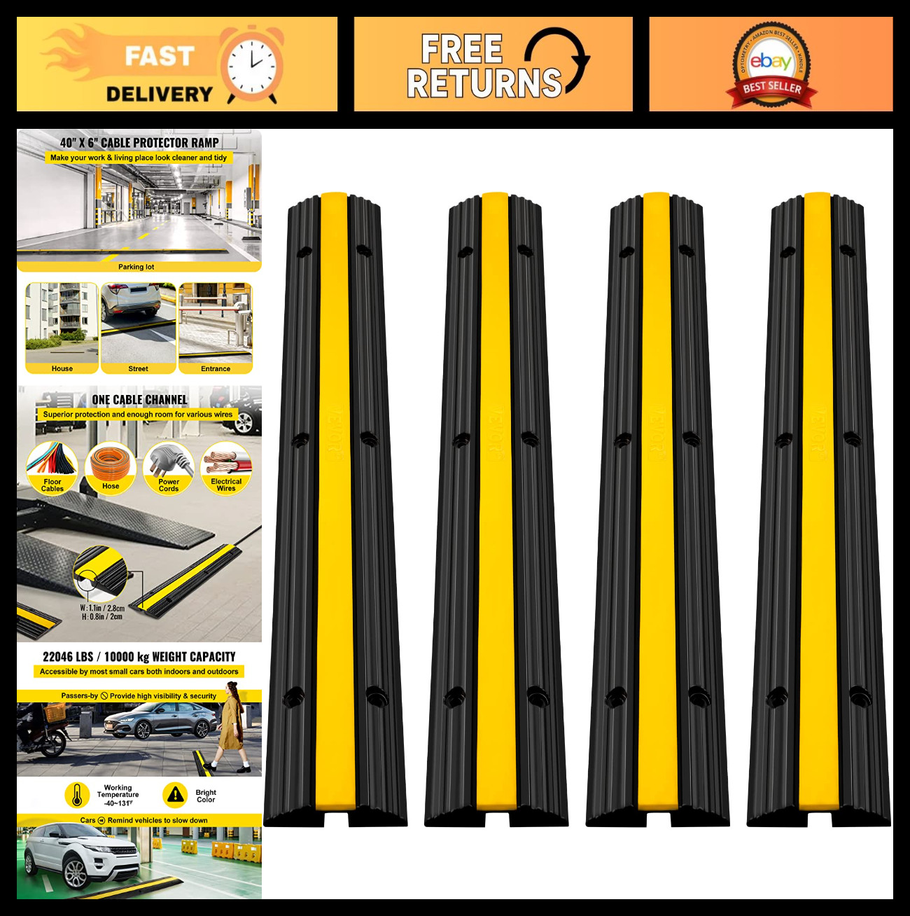4 Pack Heavy Duty Rubber Cable Protector Ramps - 18000Lbs Load Capacity, Cord Co
