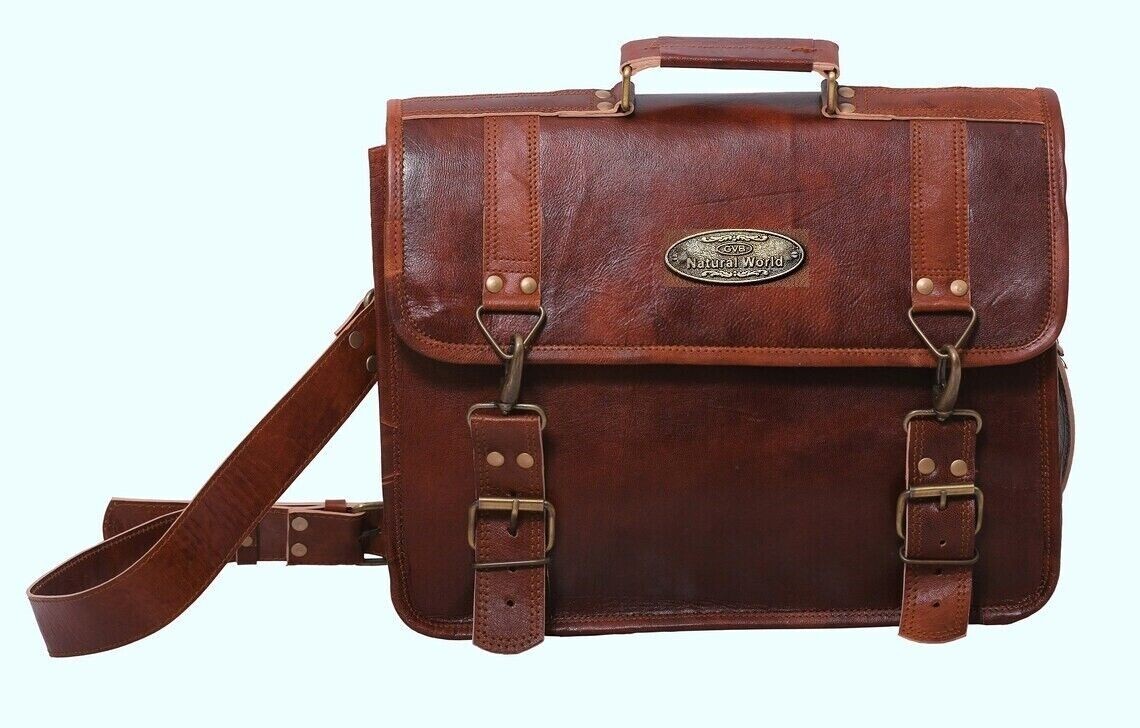 21" Crossbody Leather Messenger Laptop Bag Brown Leather Satchel Men& Women Bag