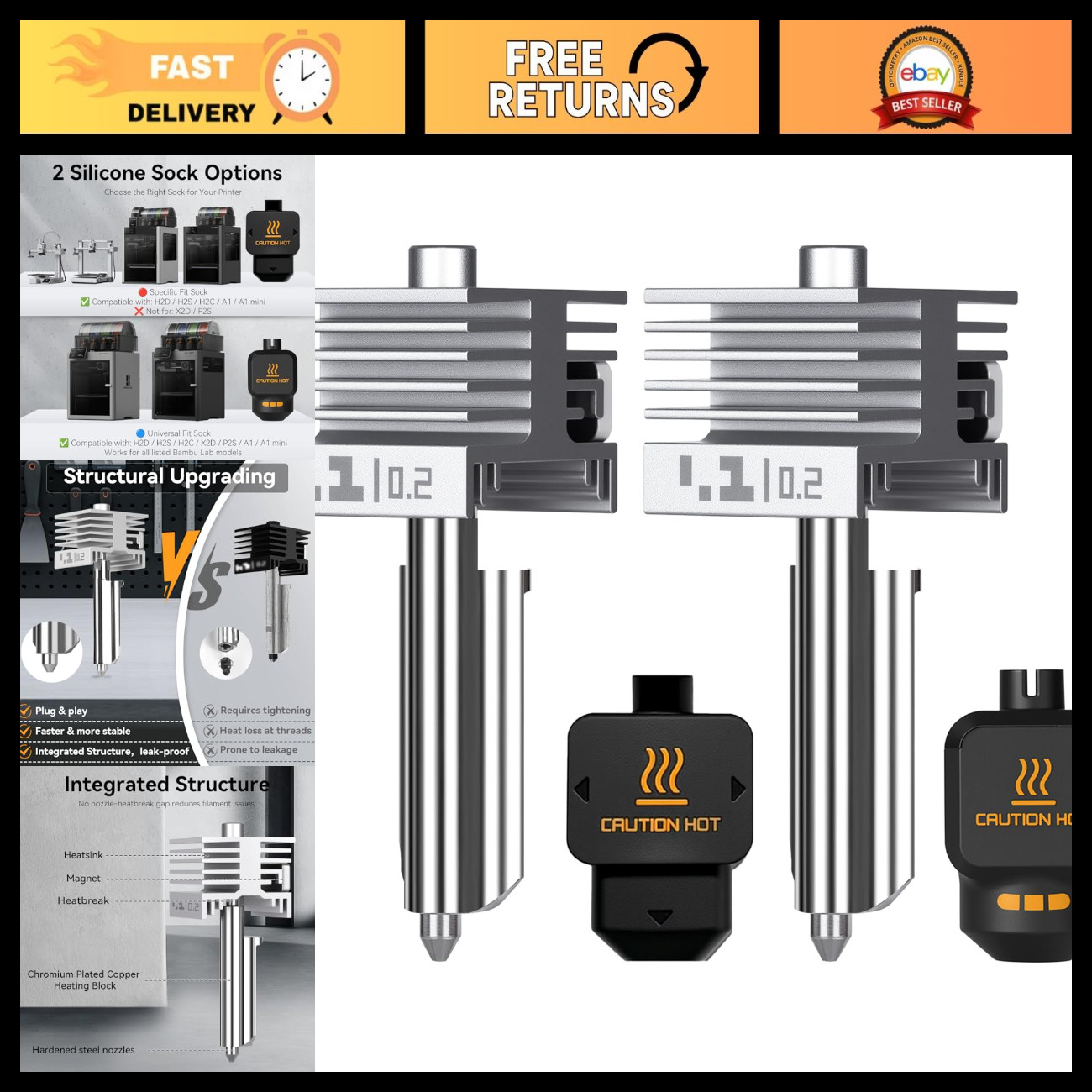 2PCS 0.2mm Mini Integrated Leak-Proof Hotend for 3D Printers X2D P2S H2D A1 A2L