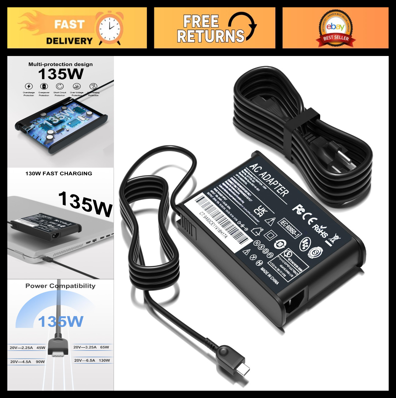 135W USB C Laptop Charger for Lenovo ThinkPad & ThinkBook, Power Supply Cord