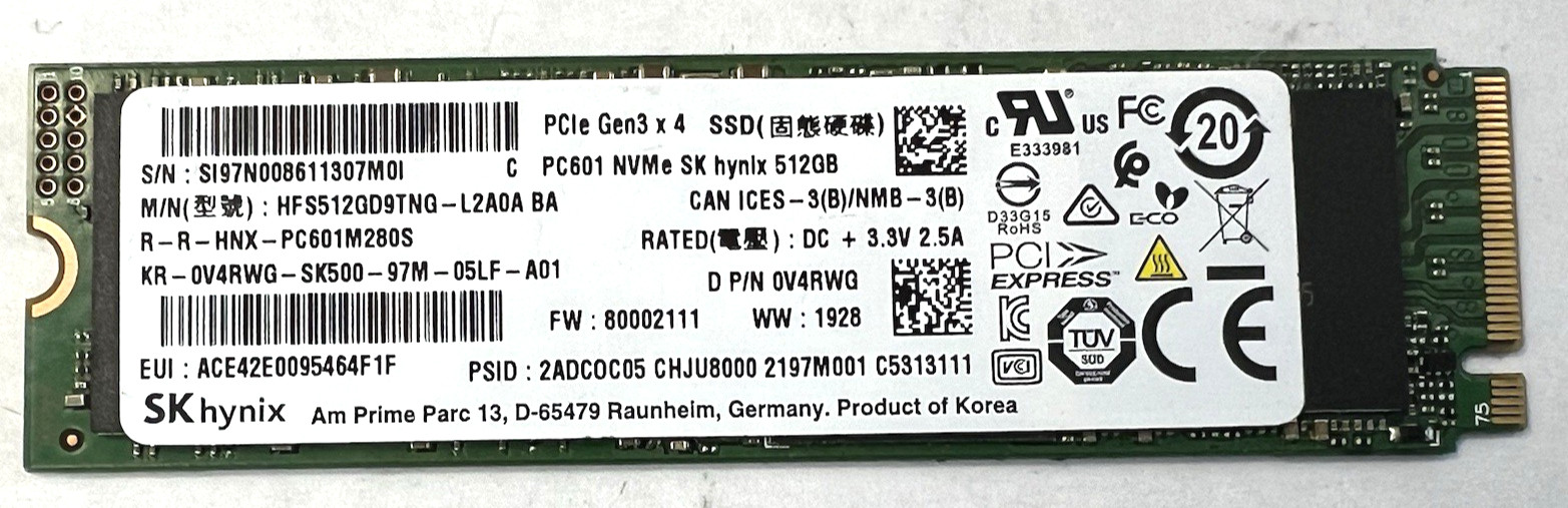 SK hynix 512GB M.2 NVMe Internal Laptop SSD HFS512GD9TNG-L2A0A 0V4RWG