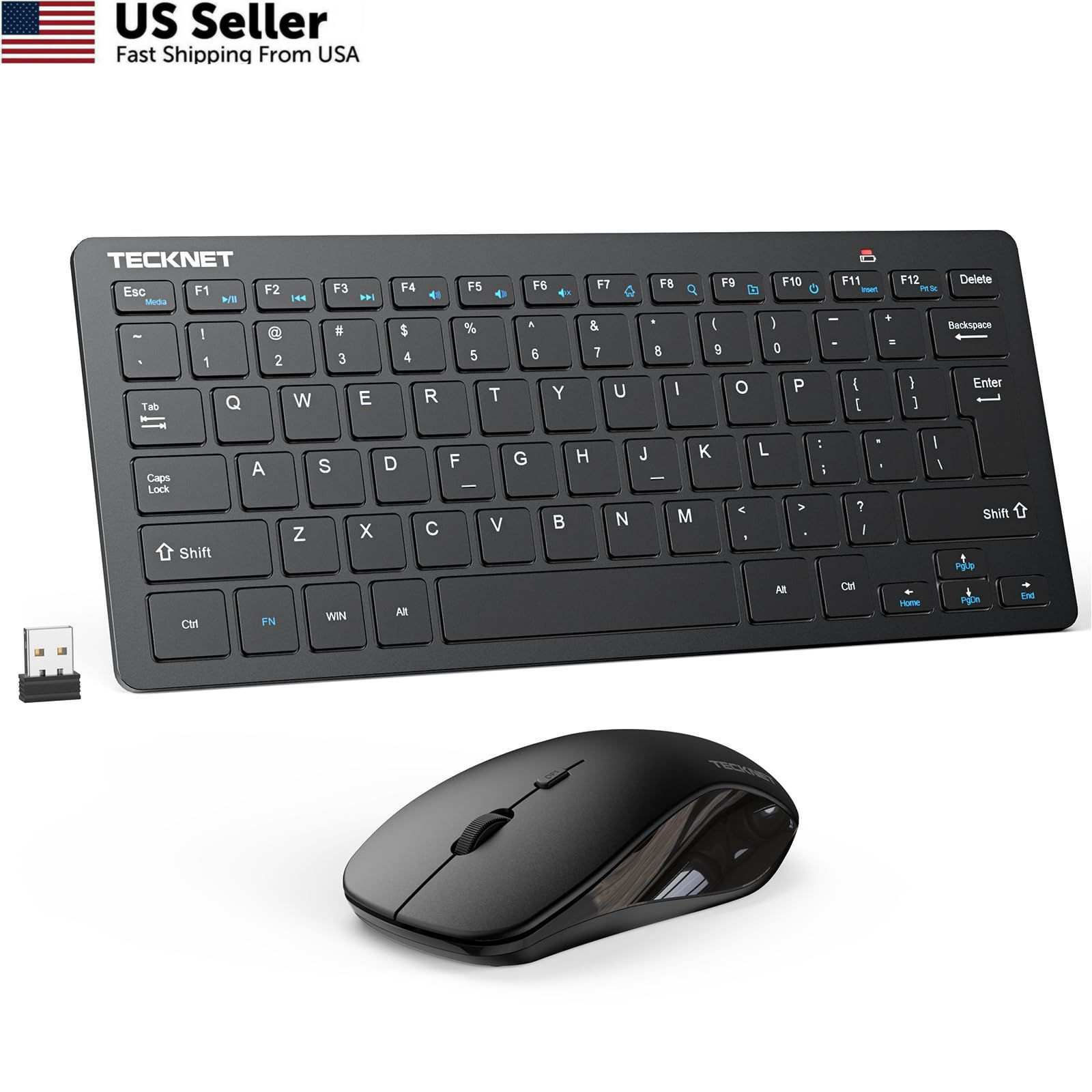 TECKNET Wireless Keyboard and Mouse Combo, 2.4G Mini Cordless Small, Black