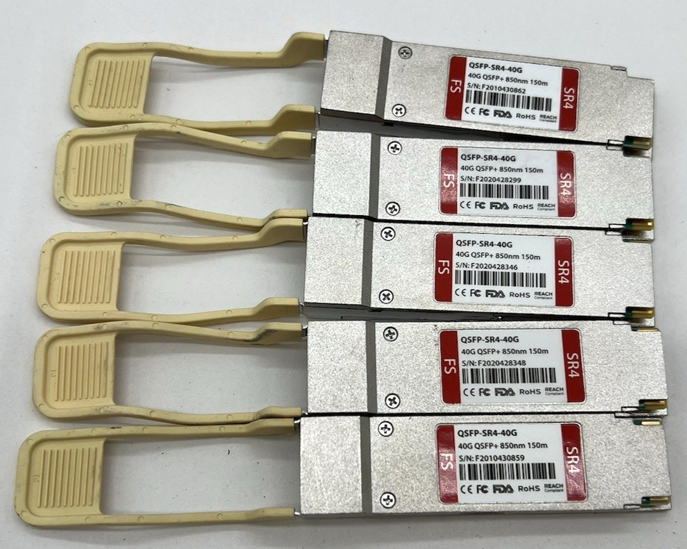 Lot of (5) FS QSFP-SR4-40G 40 Gigabit QSFP+ Transceivers