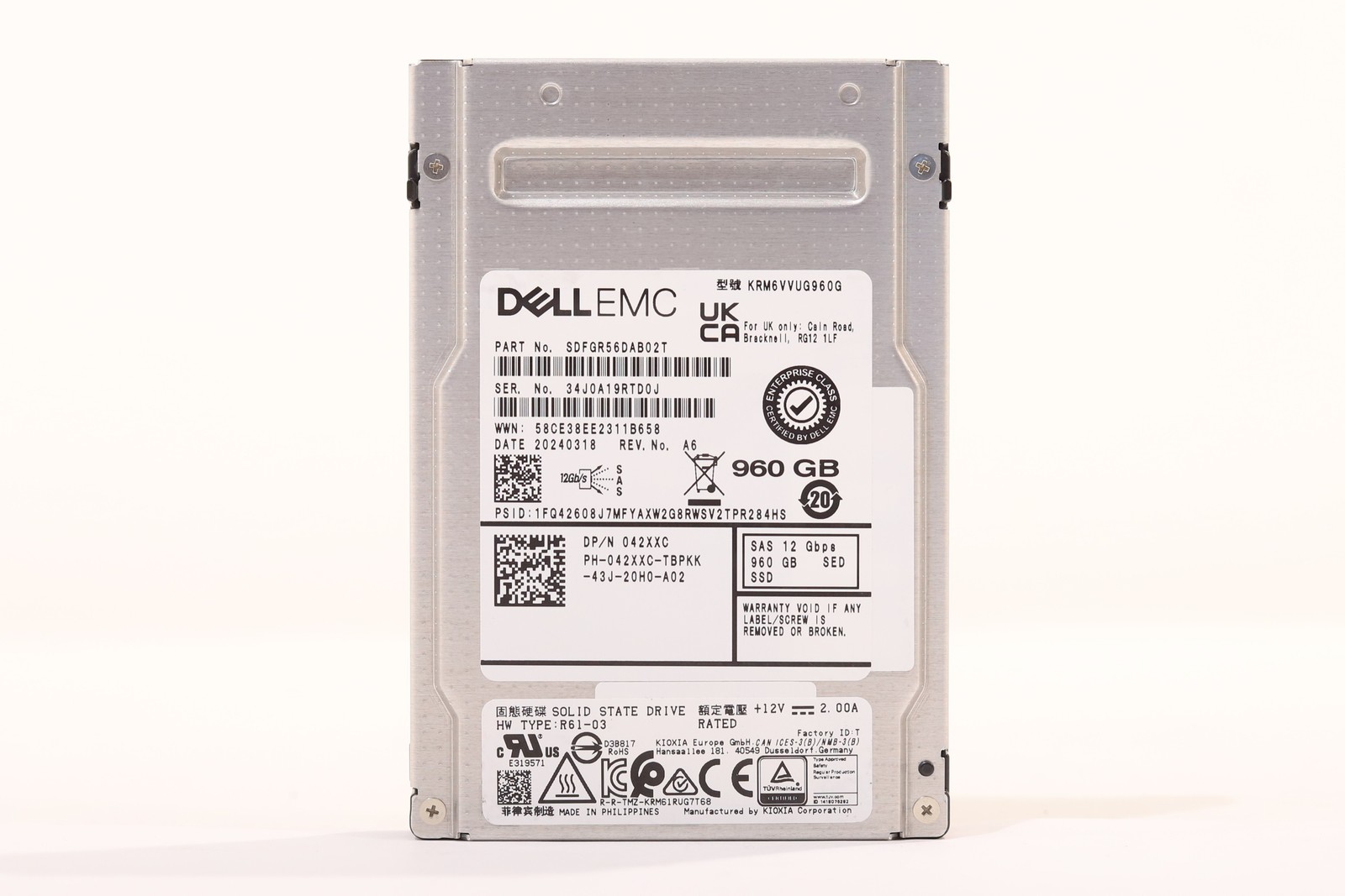 Dell KRM6VVUG960G 960GB 2.5" 12Gb/s MU TLC SED SAS SSD Dell P/N: 042XXC Tested