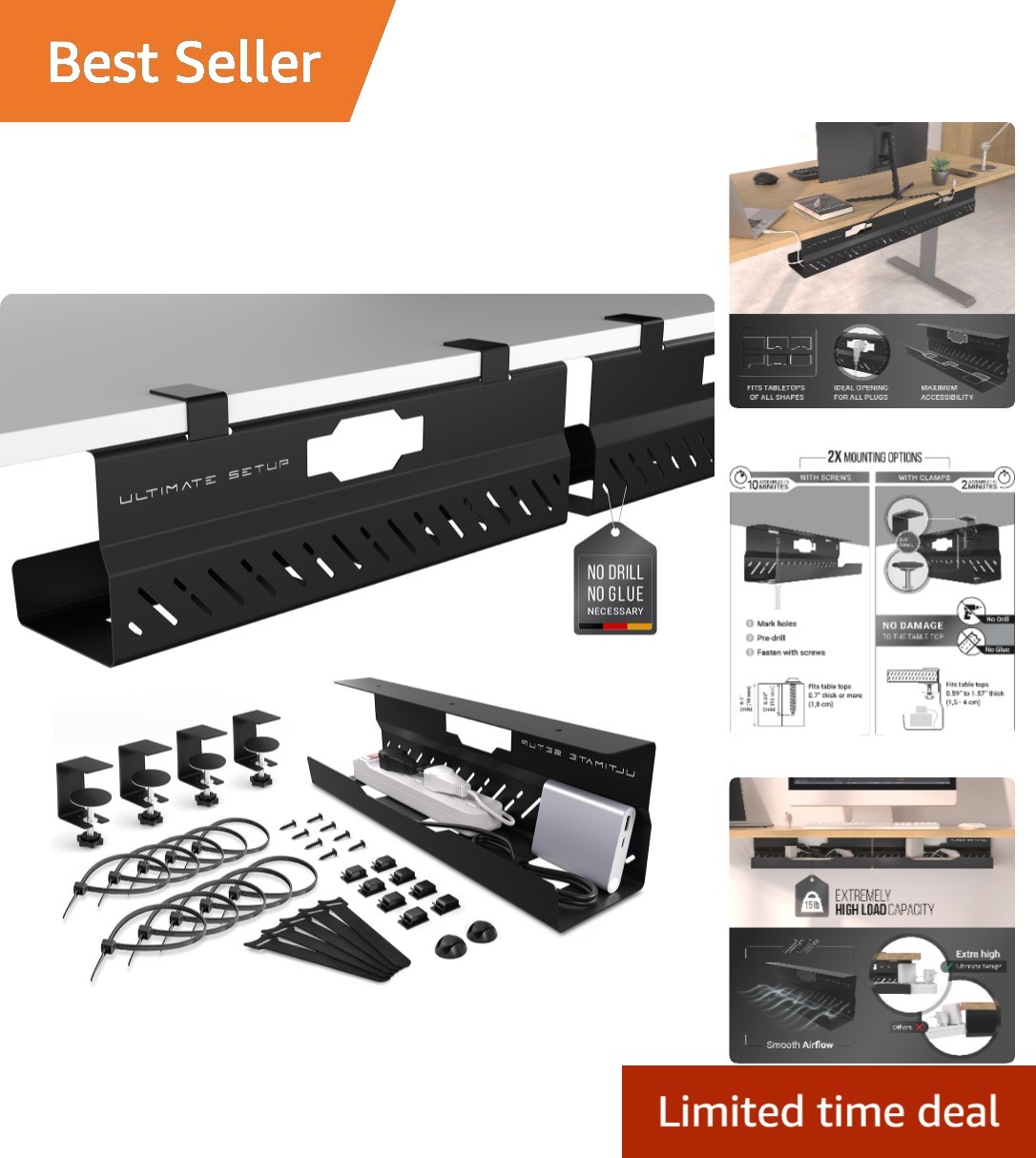 Modern Under Desk Cord Organizer - Easy Install, Strong Steel, 2-Piece Black Set