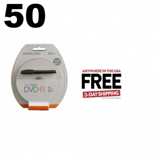 50 Memorex 16X DVD-R 4.7GB White Inkjet Hub **1-3 DAYS