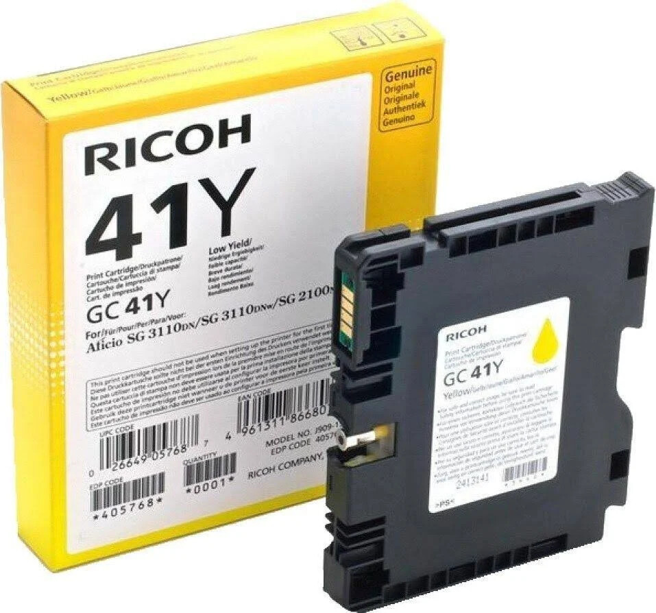 Brand New OEM Ricoh 405764 (GC41Y) Yellow Ink Cartridge, 2,200 Pages Yield