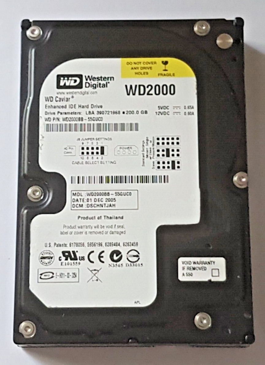 200GB IDE Western Digital WD2000BB-55GUC0 P-ATA 7200RPM 2MB HDD 3.5" Hard Drive