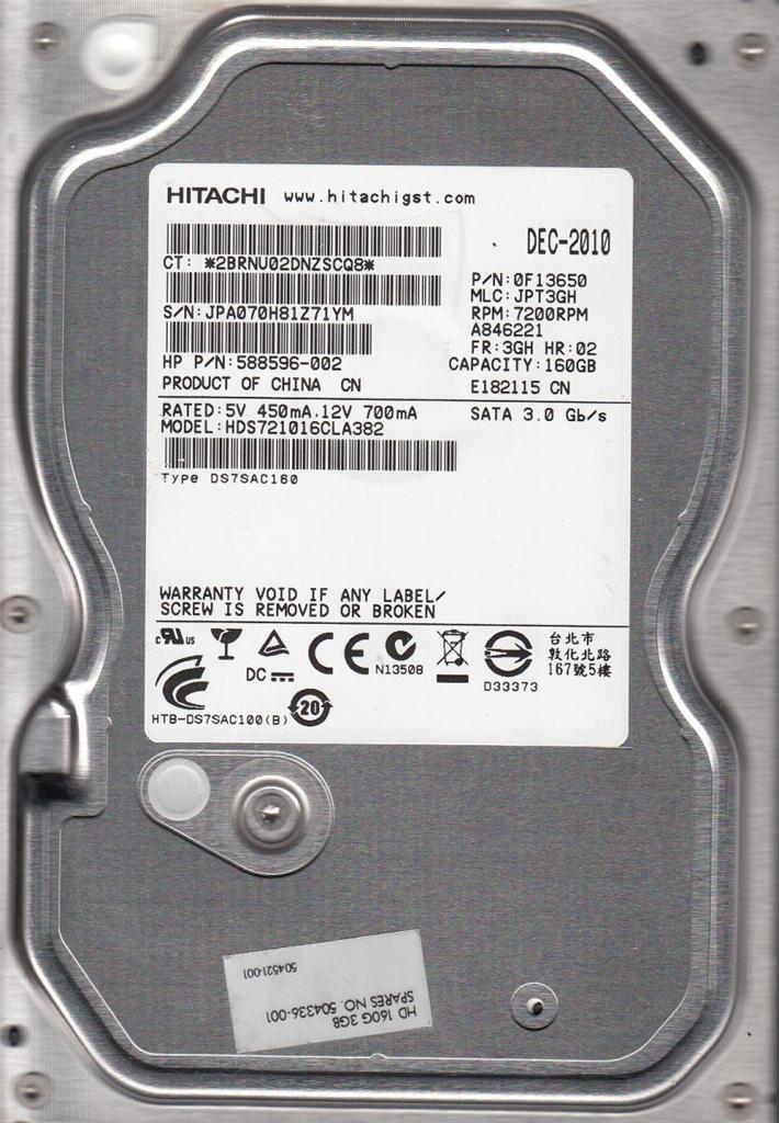 HDS721016CLA382 p/n: 0F13650 mlc: JPT3GH Hitachi 160GB SATA  C4-07