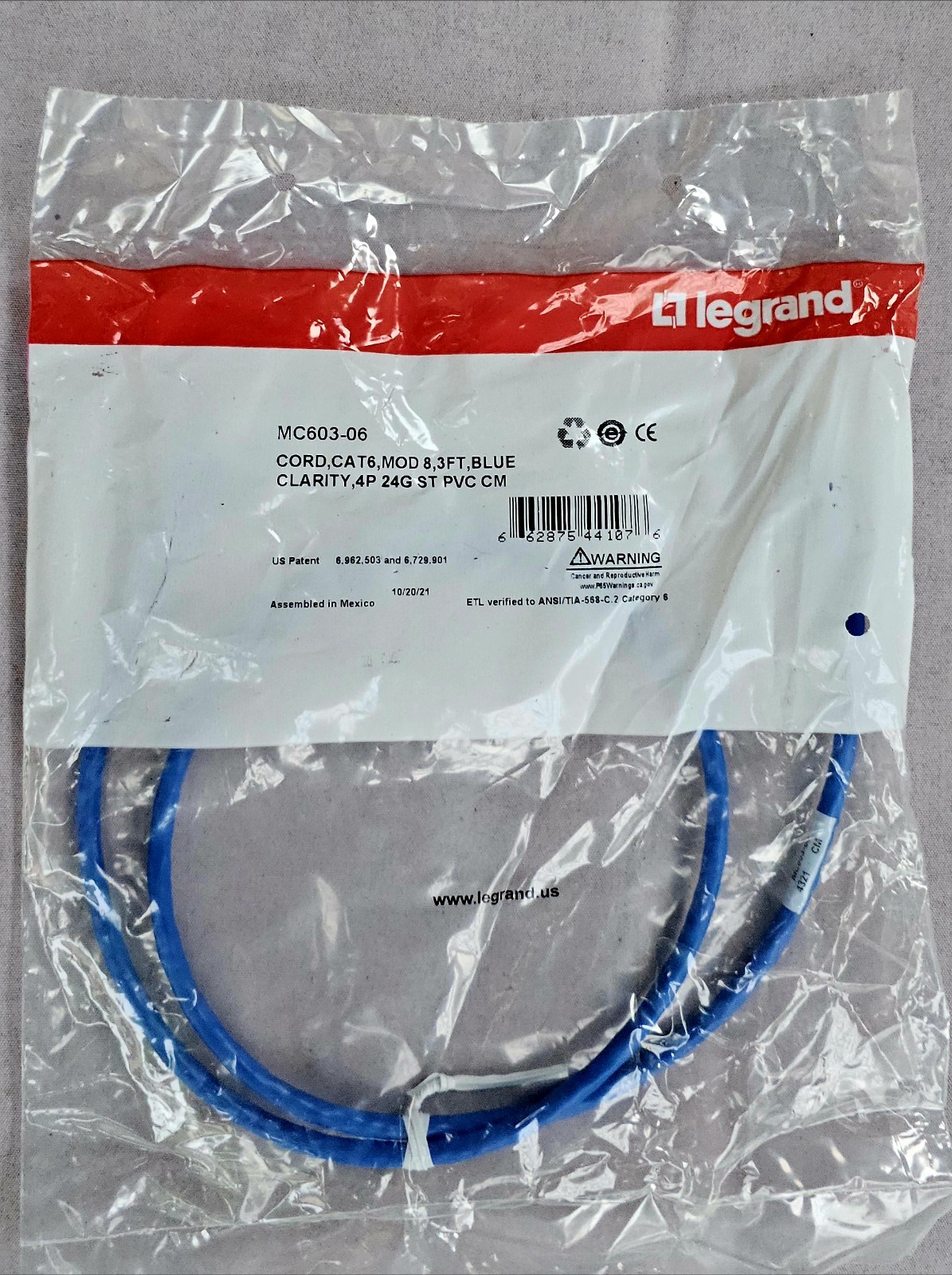 Legrand-MC603-06-Clarity Cat 6 UTP Modular Patch Cord, 3ft, Blue (8 available).