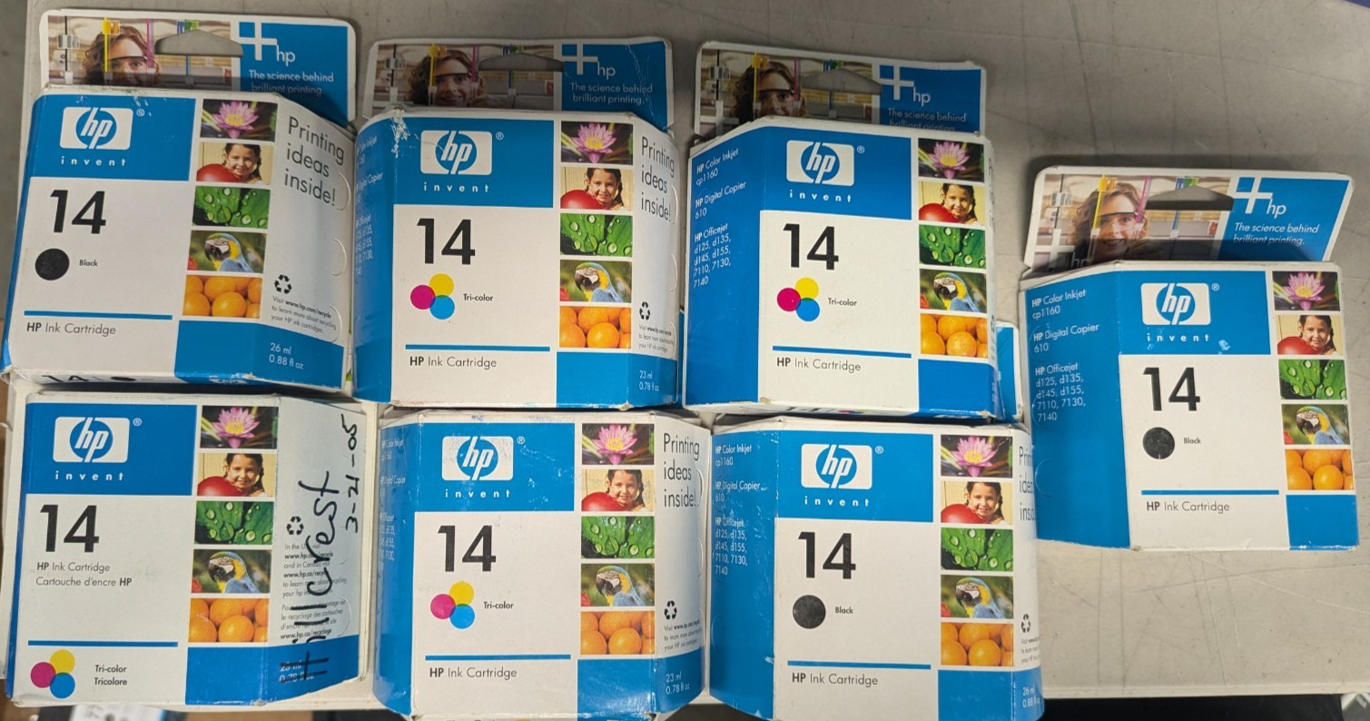 Lot 7 GENUINE NEW HP 14 Black C9330FN & Tri-Color Ink Cartridges C5011D C5010D