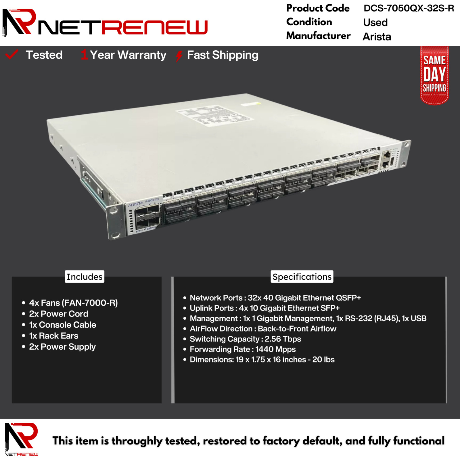 Arista DCS-7050QX-32S-R 32x 40GB QSFP+ 4x 10GB SFP+ Back to Front Airflow Switch