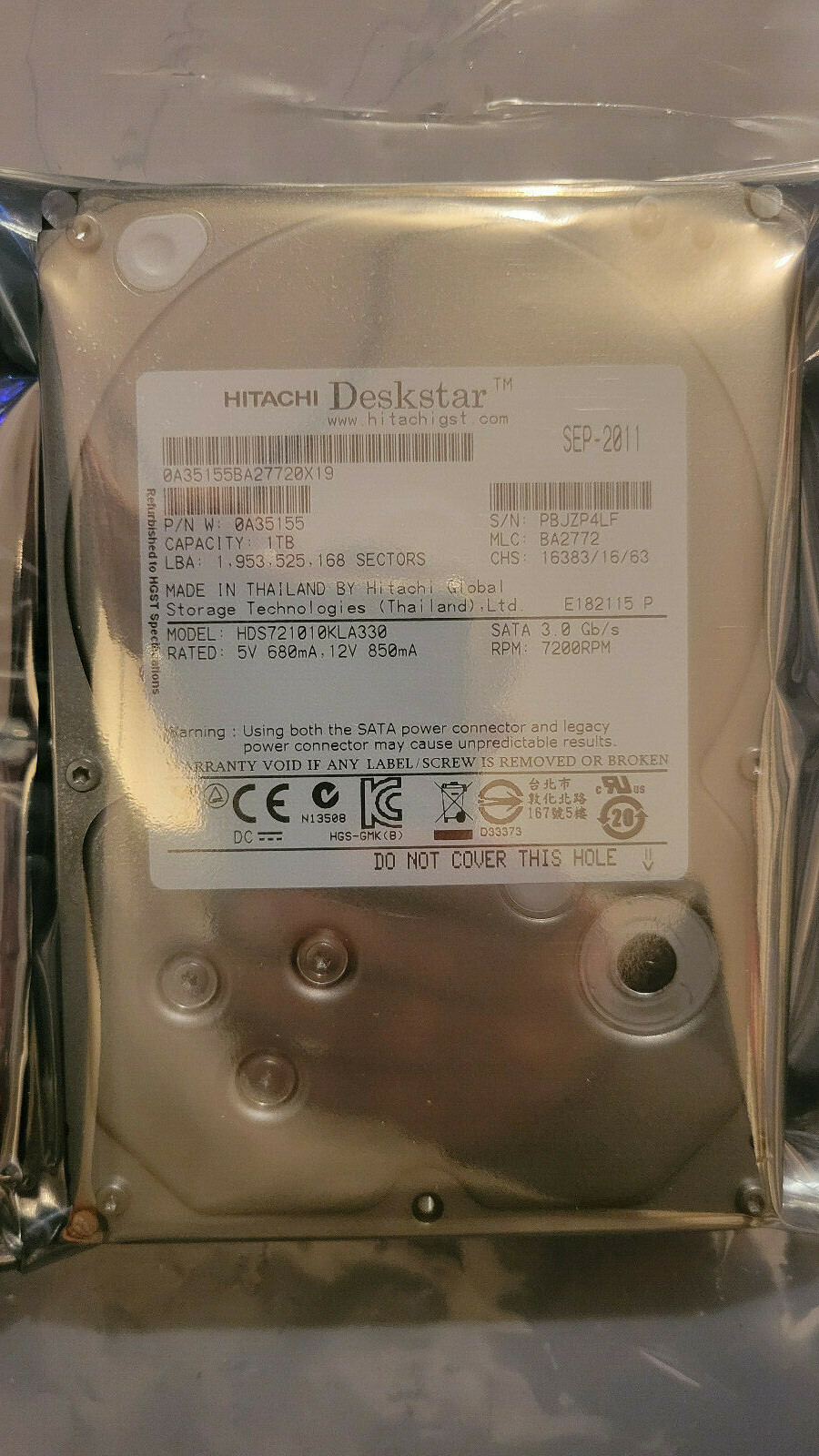 Hitachi HDS721010KLA330 MLC BA2772 PN 0A35155,1TB 3.5" HD SATA