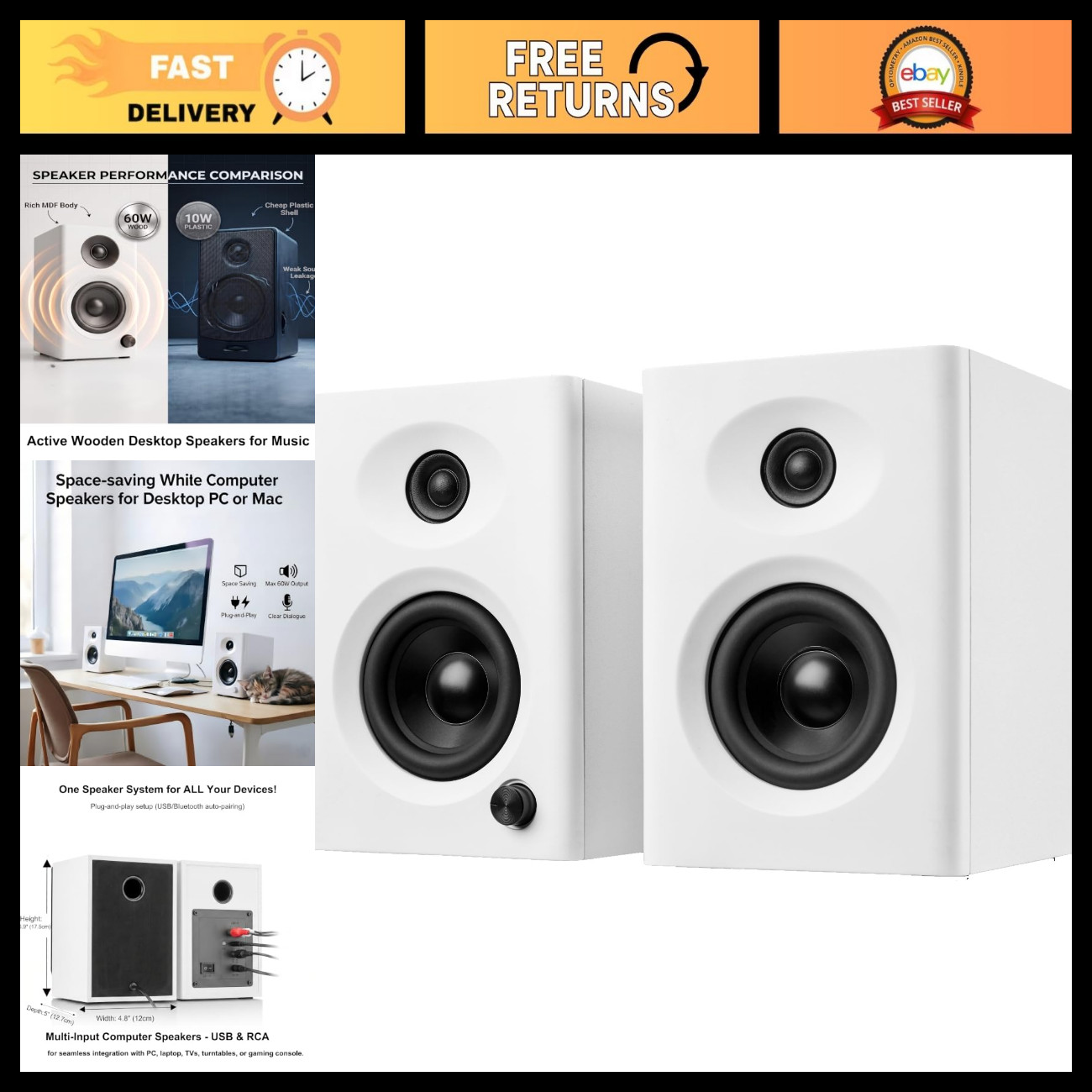 High-Quality Powered Desktop Computer Speakers for PC & Music - White Pair