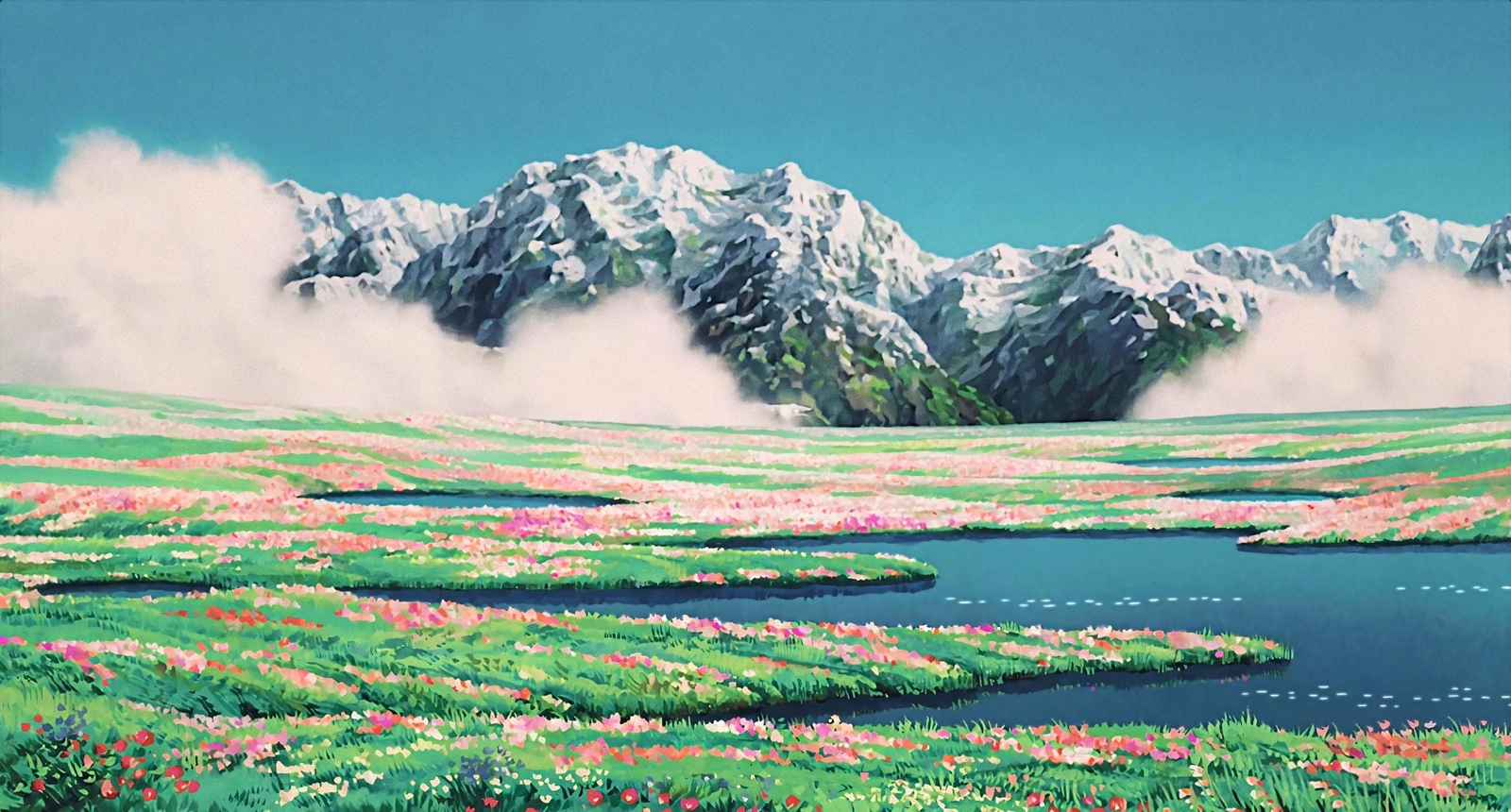 Landscape watercolor mountains studio ghibli field howls Custom Gaming Mat Desk