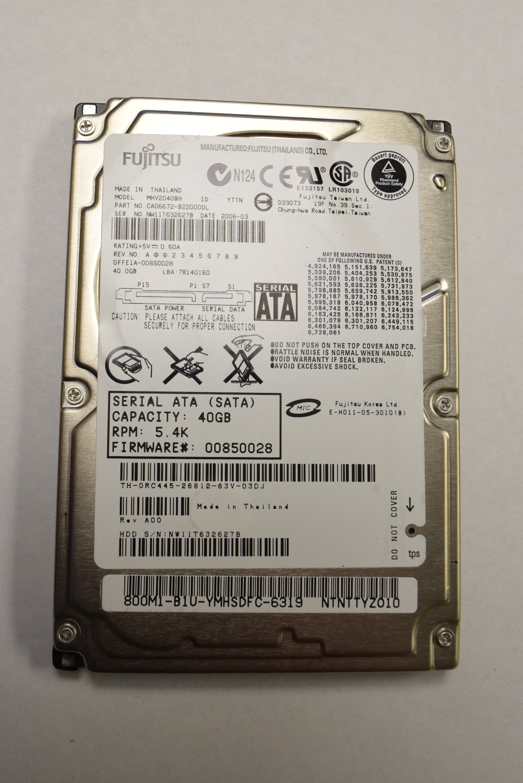 Fujitsu MHV2040BH CA06672-B22000DL SATA 2.5" Hard Drive 40gb - TESTED AND WIPED