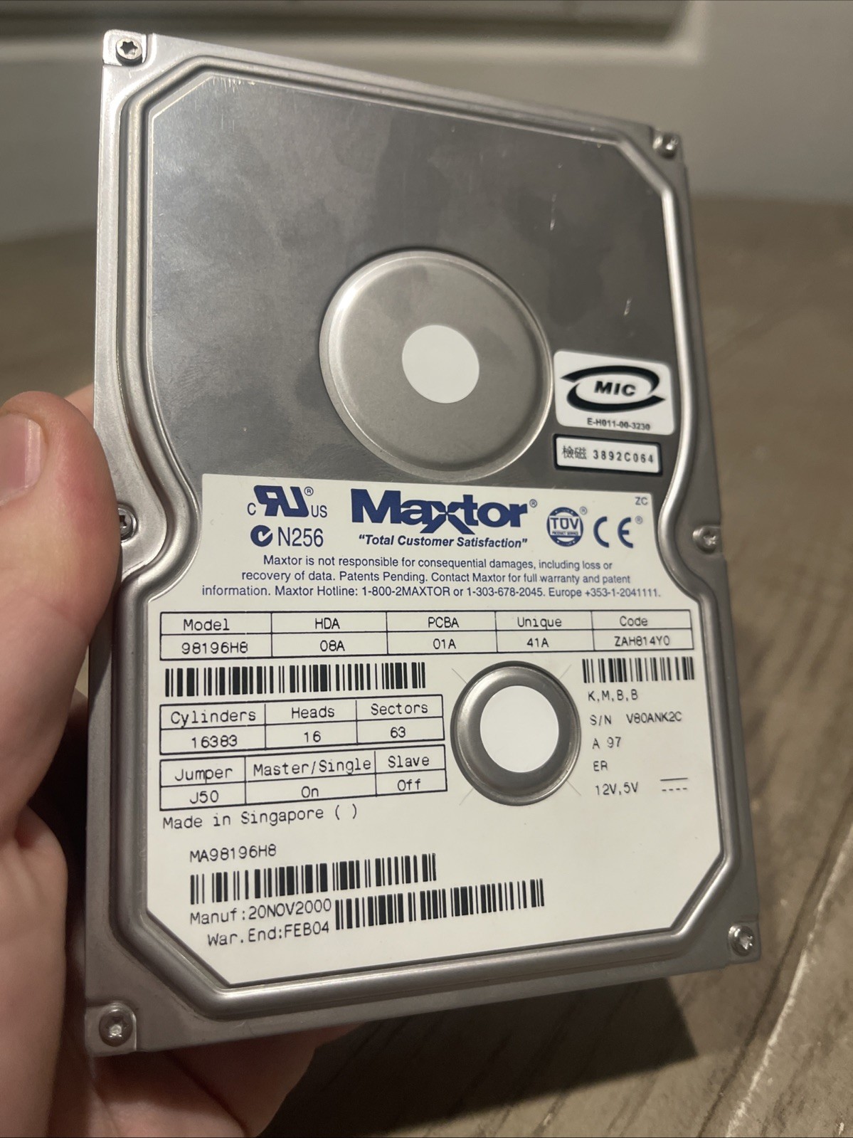 MAXTOR Internal Hard Disk Drive HDD Model 98196H8 16 Heads N256