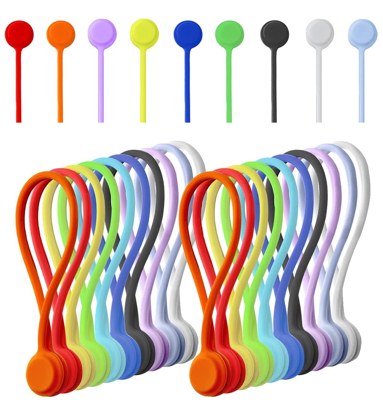 20 Pack Reusable Silicone Magnetic Cable Ties Cord Wrap Organizer Multicolor