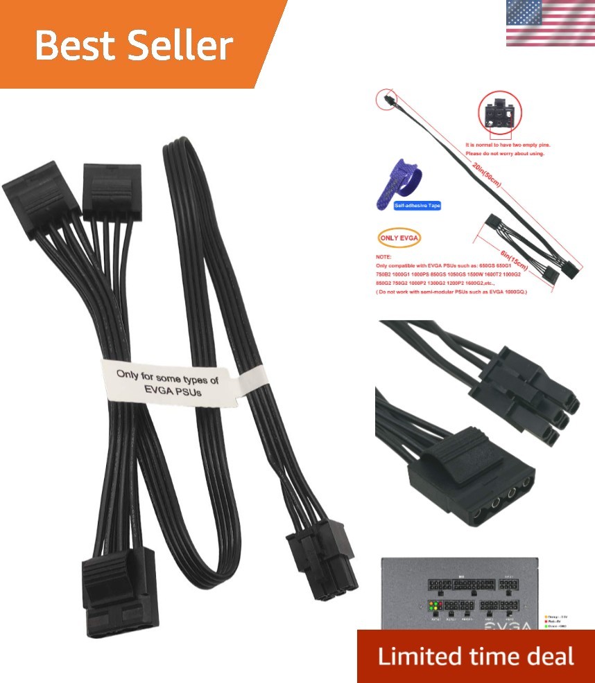 Molex Power Cable for EVGA PSUs, 6 Pin to 3X 4 Pin Molex Hard Drive Adapter S...