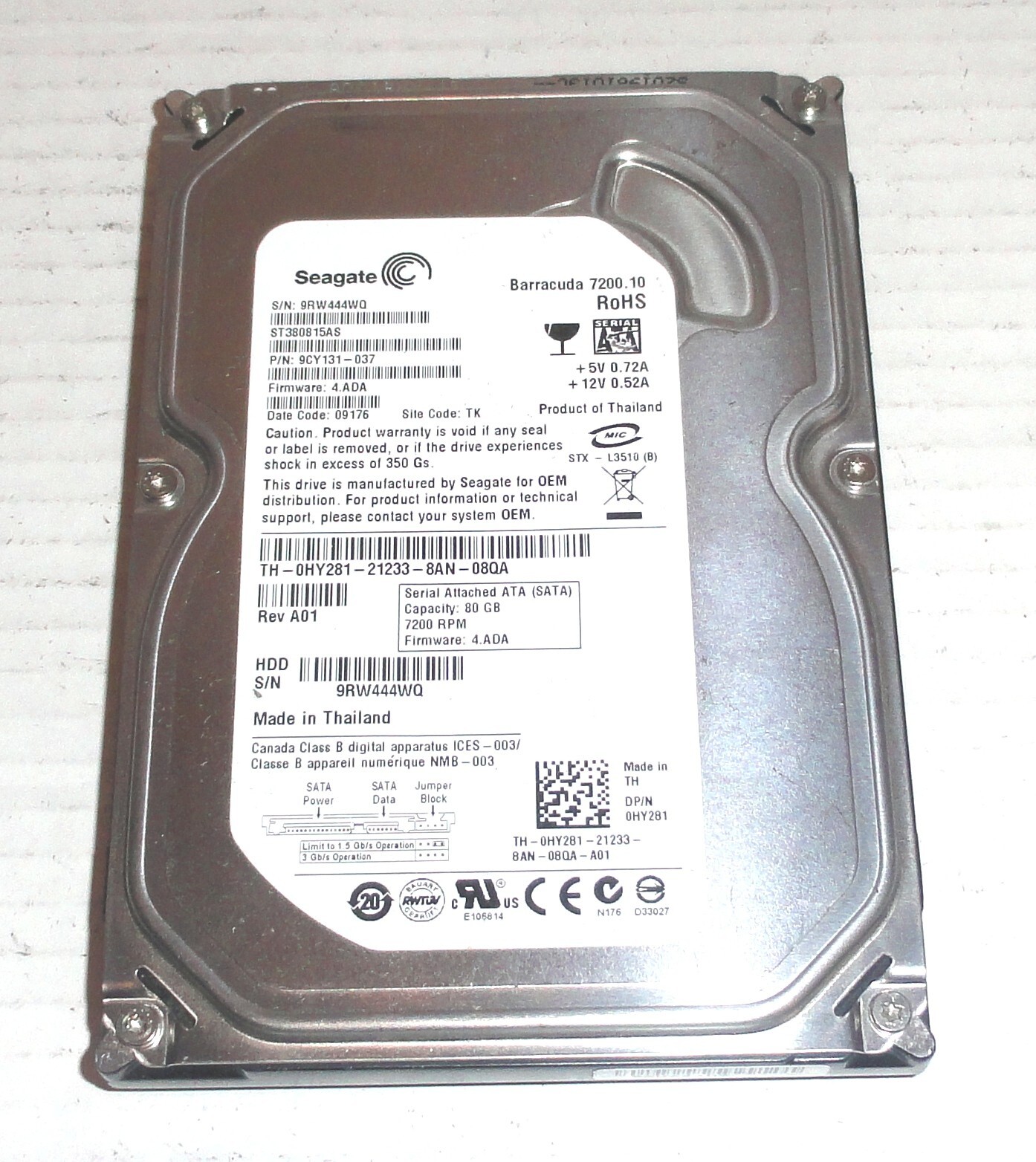 Seagate ST380815AS 80GB Sata Hard Drive P/N: 9CY131-037 F/W: 4.ADA  9RW  TK