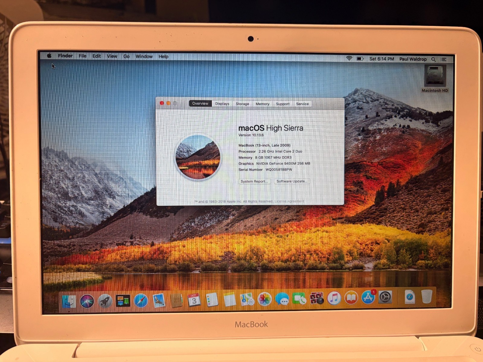 2009 MacBook  13" 2.26GHz Core 2 Duo 8GB RAM 256GB SSD OS X High Sierra 10.13.6