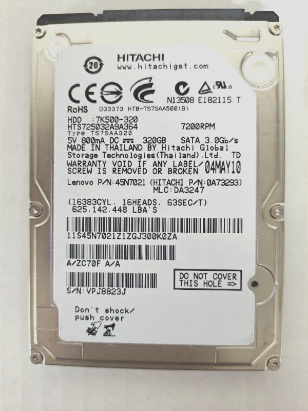 Hitachi Travelstar 320GB 2.5" SATA 7200RPM Laptop HDD HTS725032A9A364 45N (D2/b1